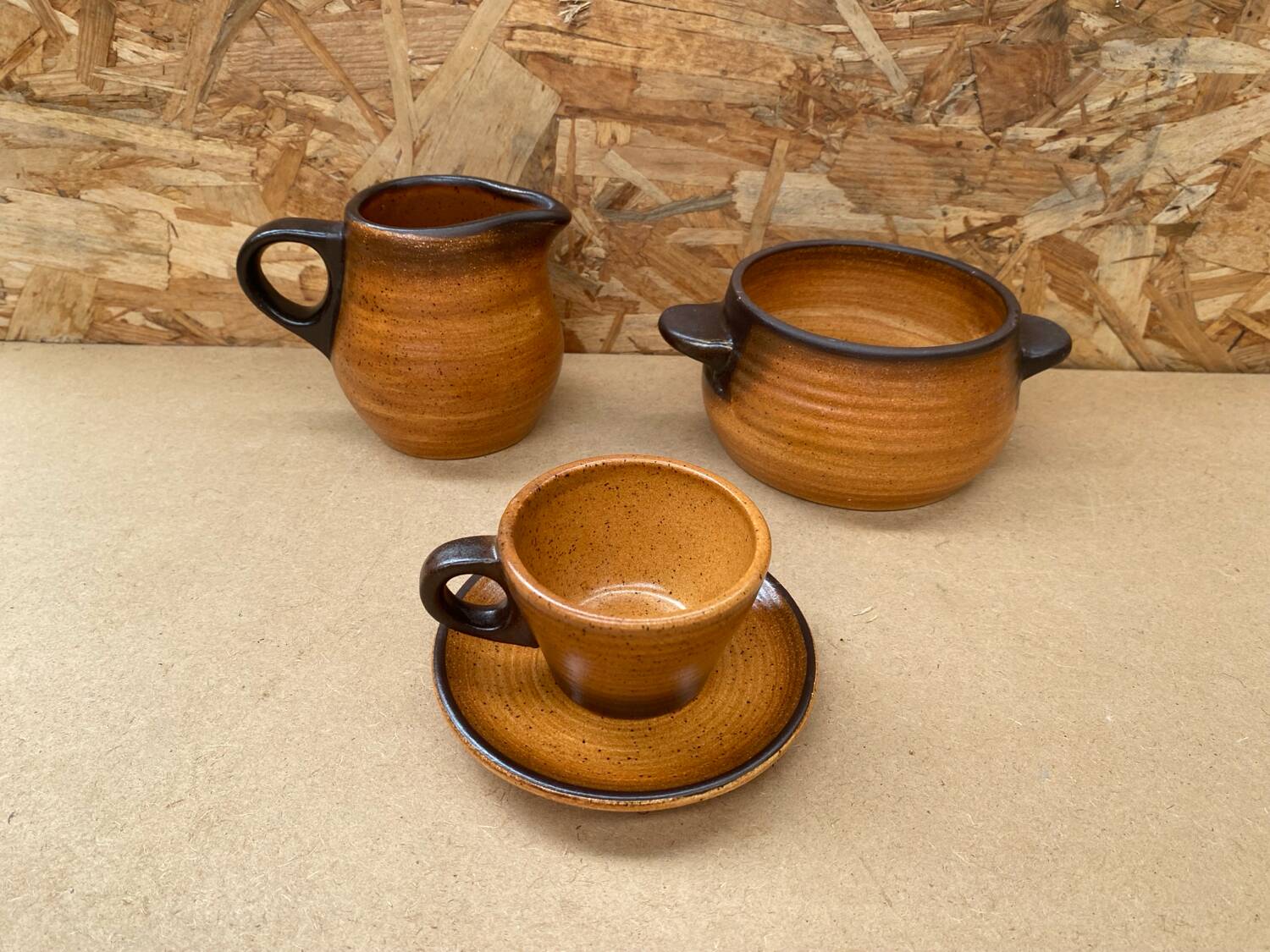 Old tea coffee service st amand meylan ceramic brown beige vintage