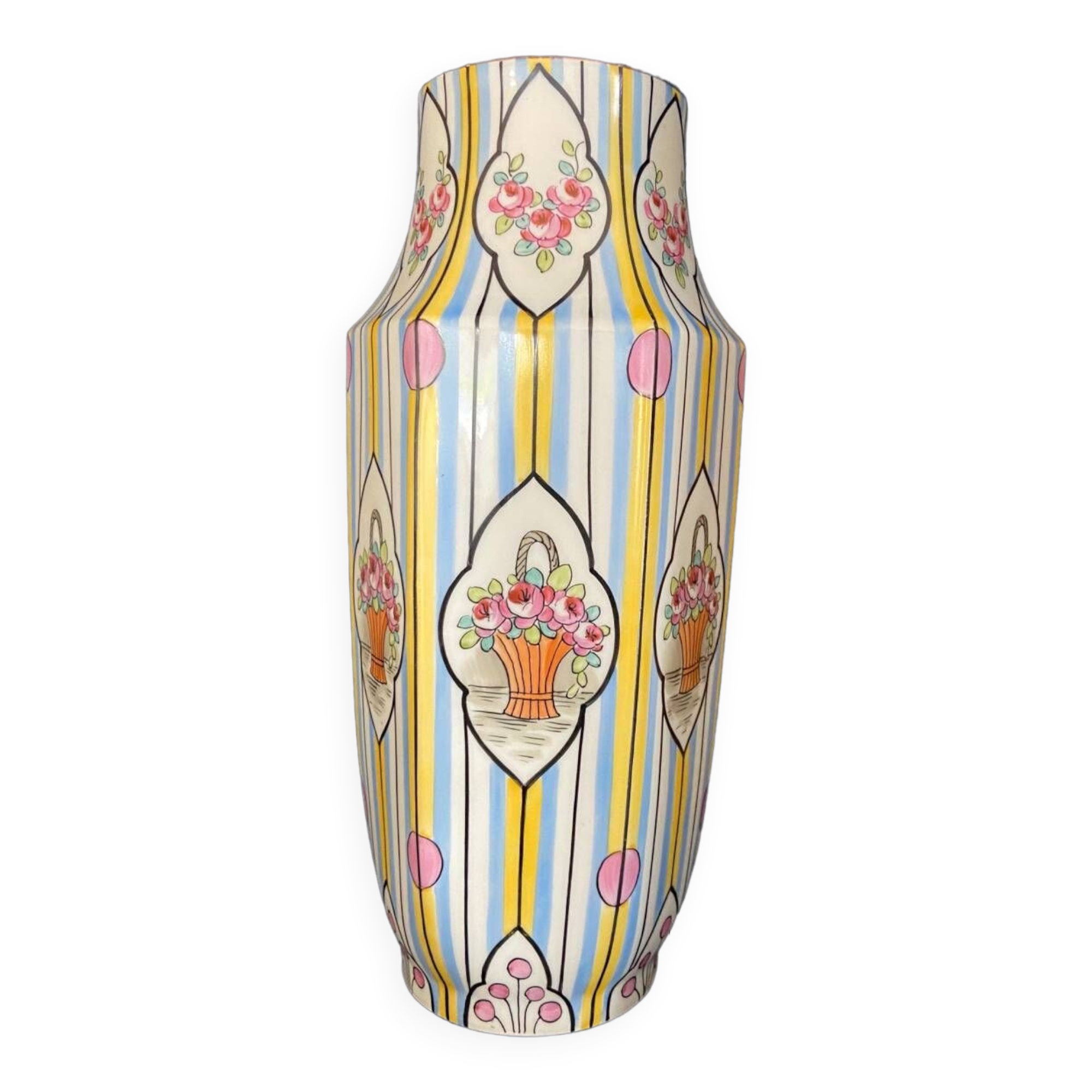 Striped ceramic vase with flowers