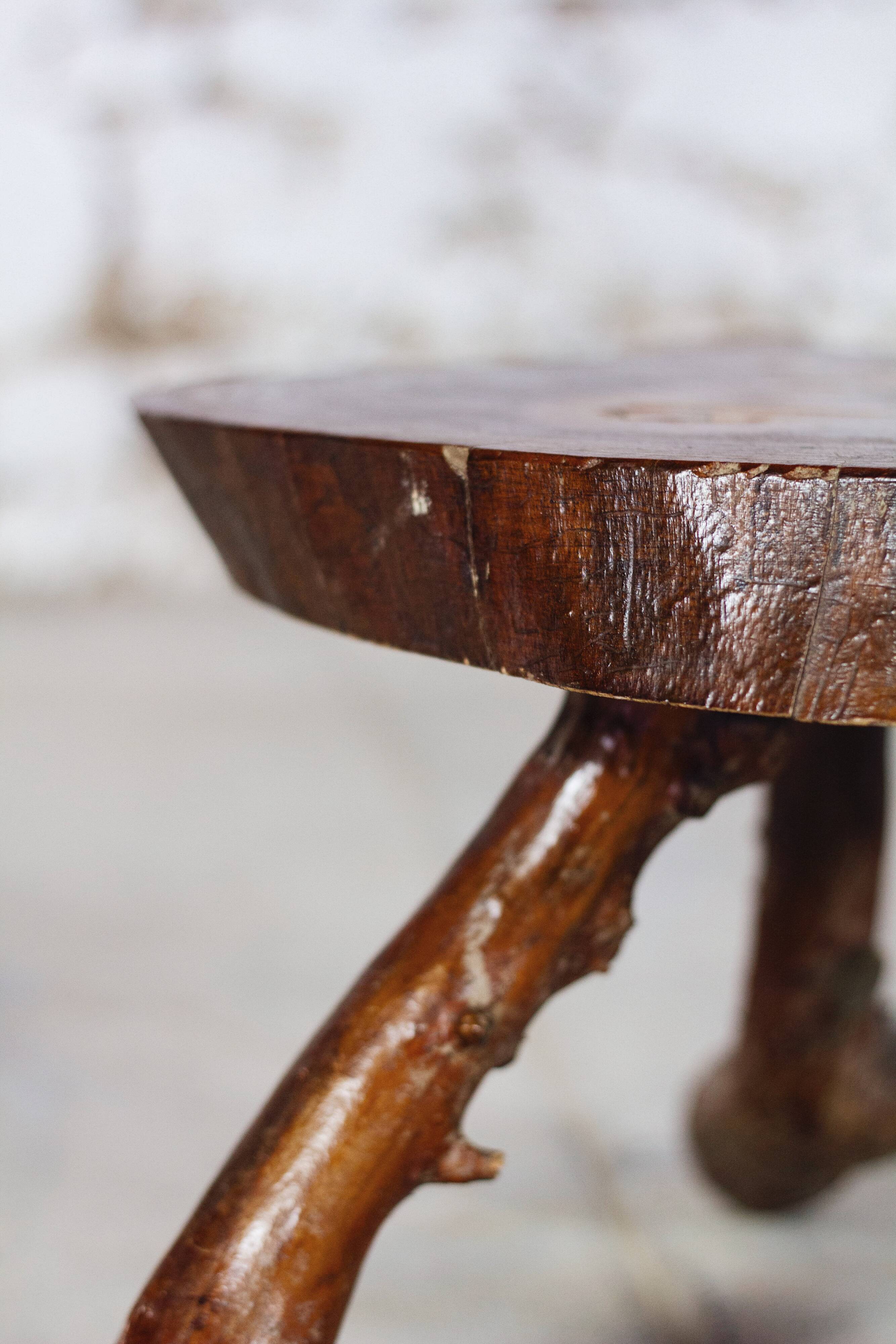 Brutalist solid wood tripod side table
