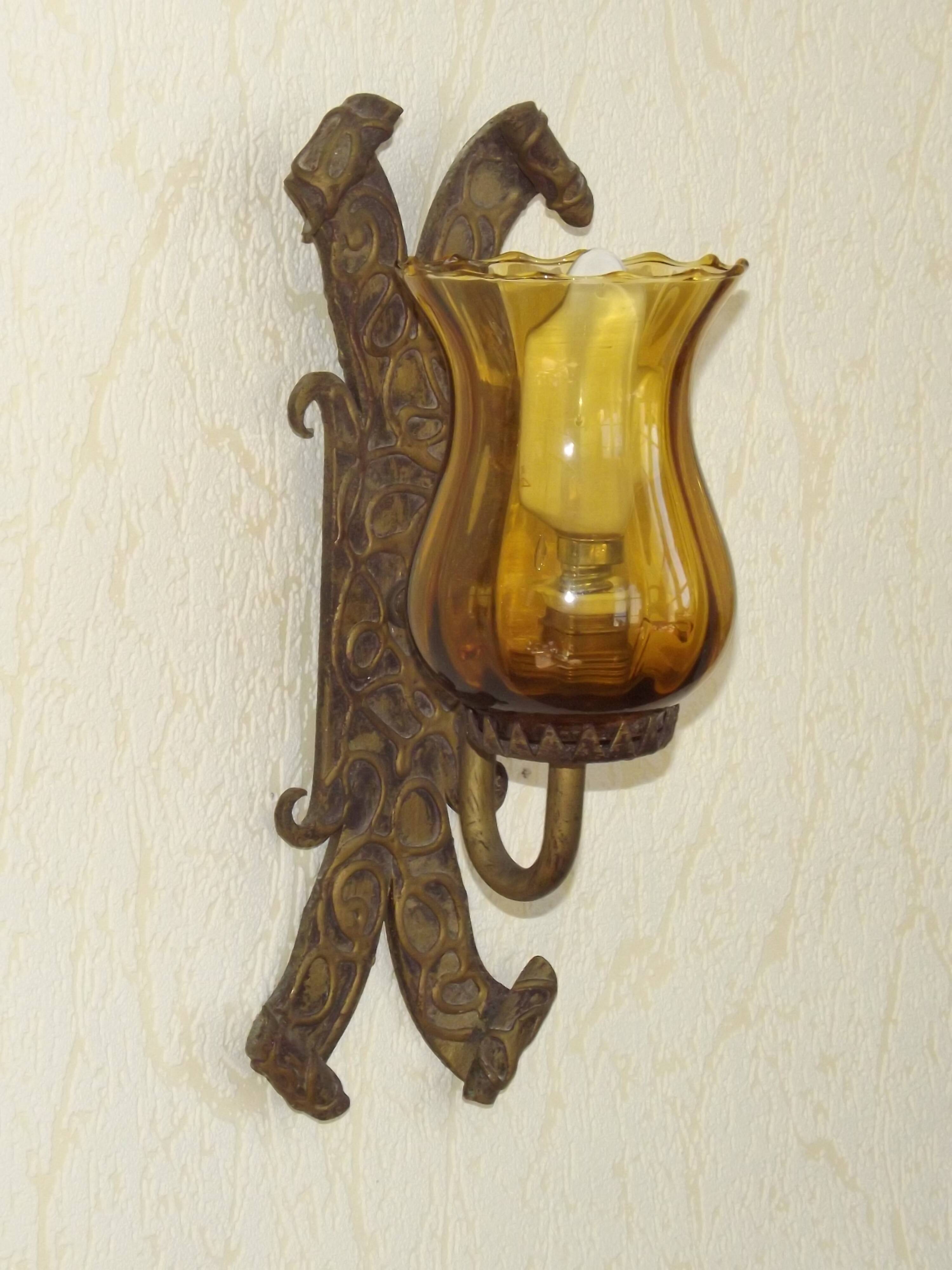 Pair of Hand Forged Wrought Iron Medieval Style Wall Lights with Amber Shades 42