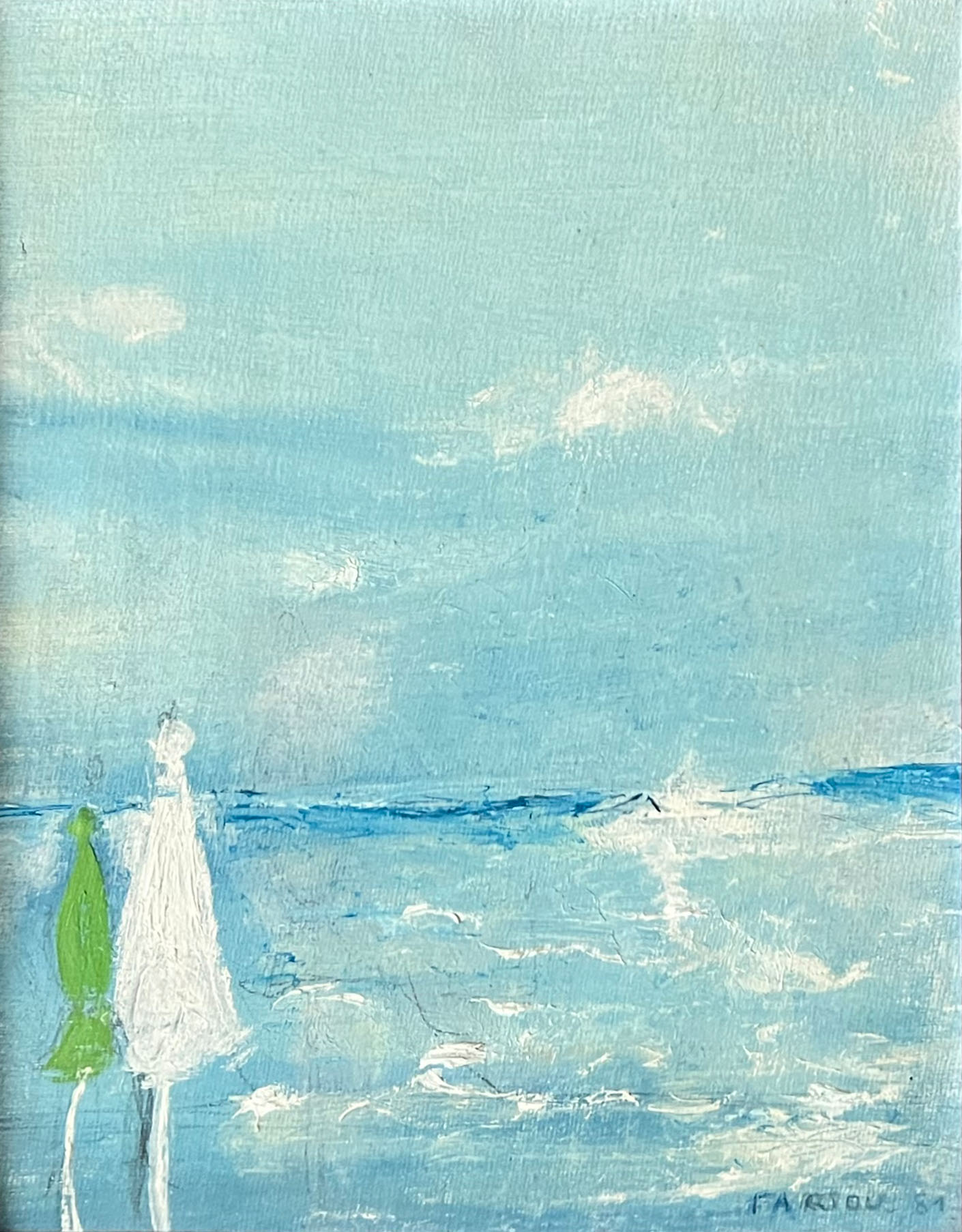 Oil umbrellas on cardboard and framed