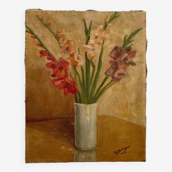 Peinture ancienne huile sur toile bouquet de fleurs glaïeuls signé Dusigne 1948