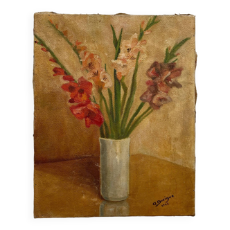 Old oil painting on canvas bouquet of gladioli flowers signed Dusigne 1948