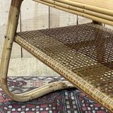Coffee table from the 70s, rattan and tanned shelf