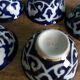 5 Uzbekistan porcelain tea bowls or cups, cobalt and gold decor