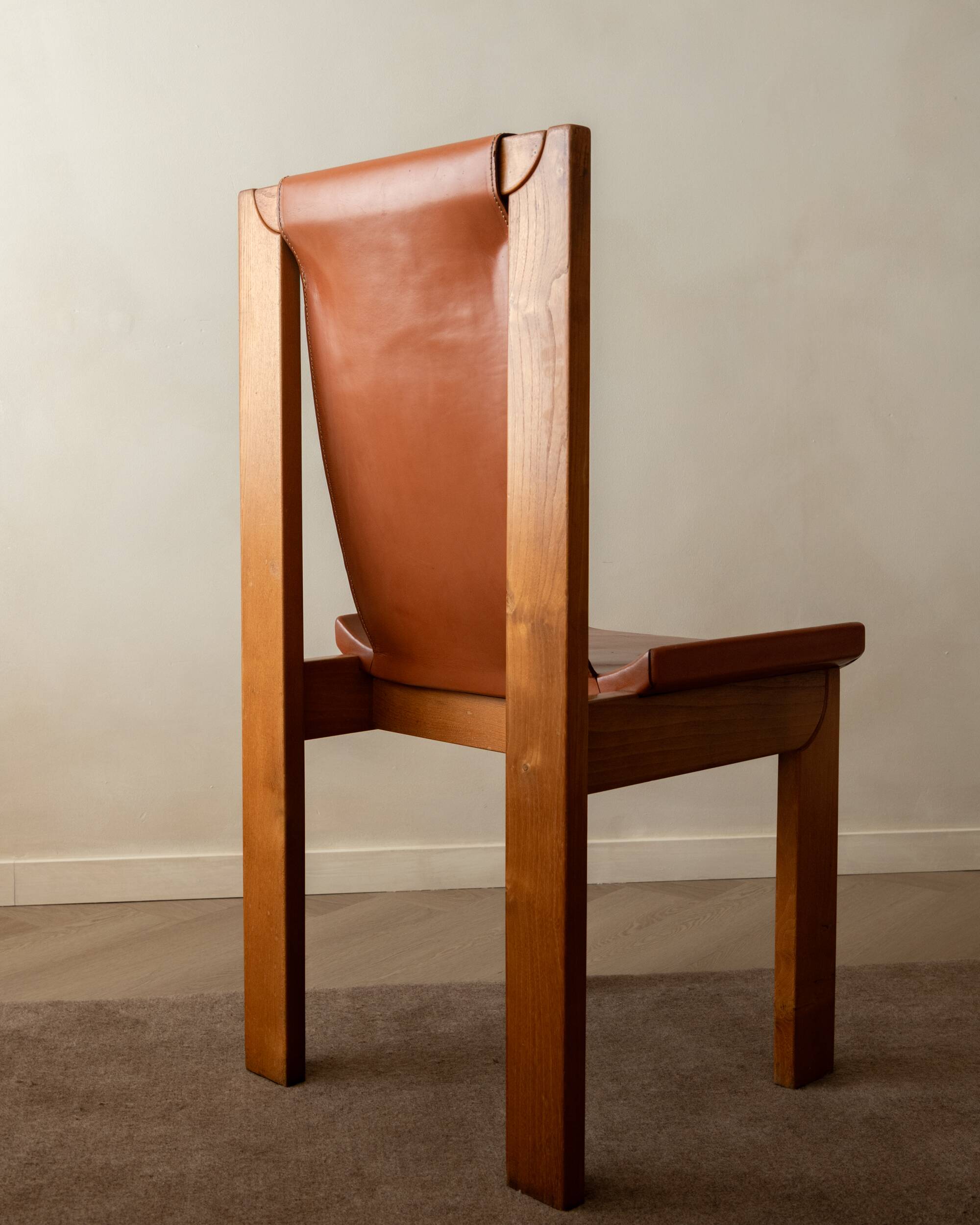 Wood Leather Dining Chairs Luigi Gorgoni Roche Bobois, 1970s, Set of 7
