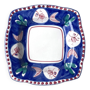 Vintage square plate in majolica solimene vietri, fish, 1970s-80s