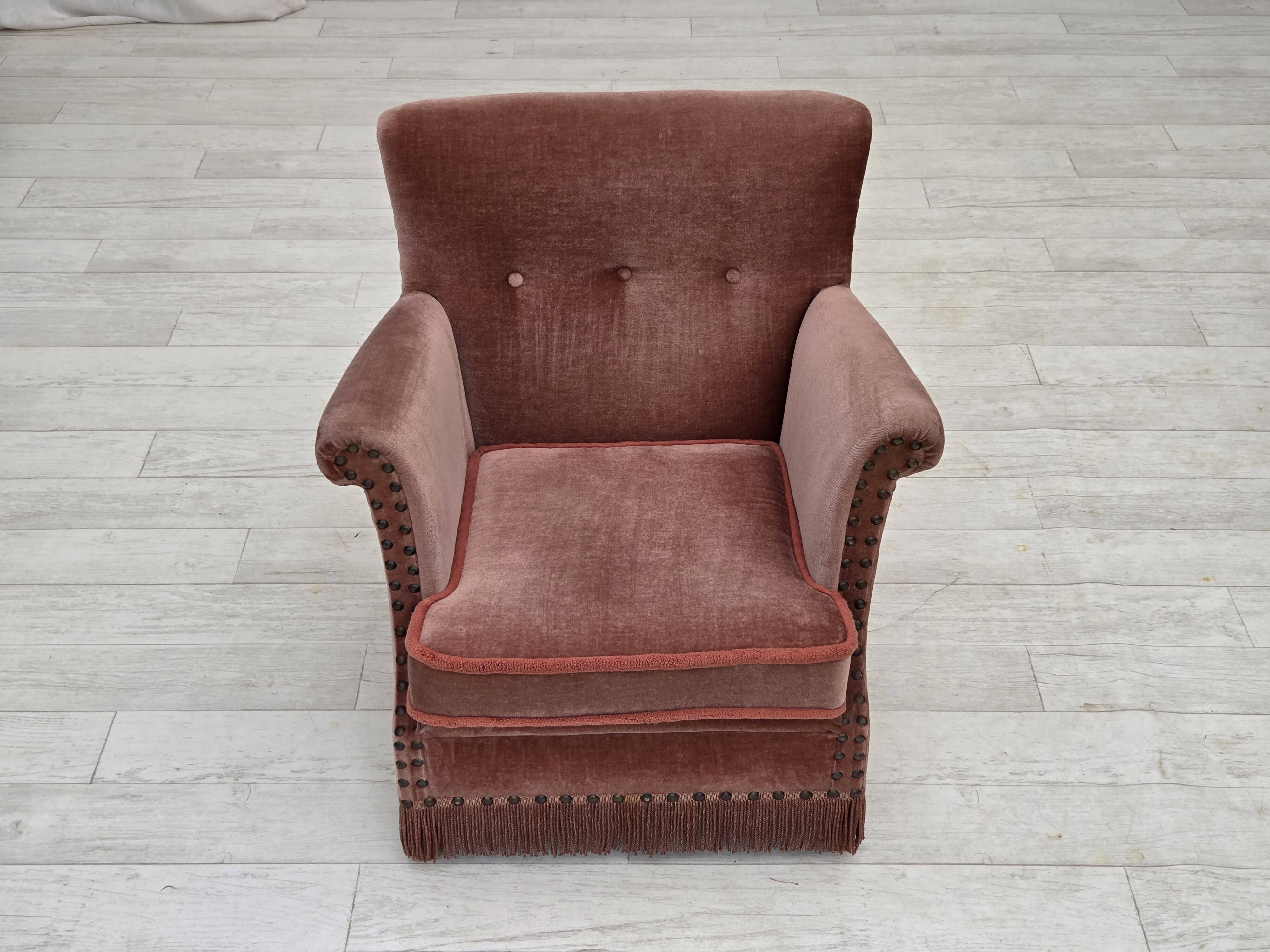 1970s, Danish armchair, salmon pink furniture velour, beech wood.