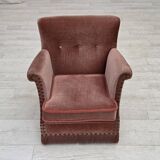 1970s, Danish armchair, salmon pink furniture velour, beech wood.