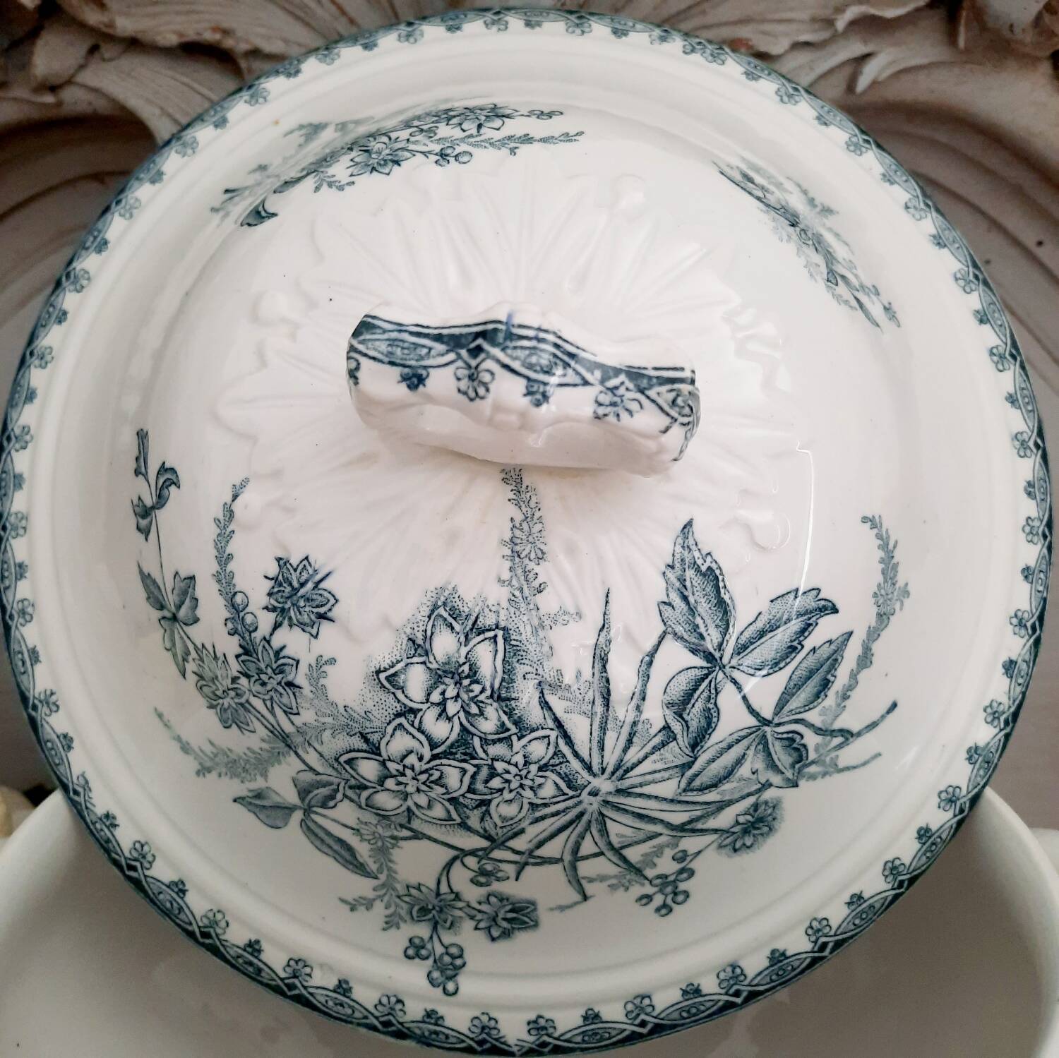 Old mismatched hollow plates in iron earth earthenware accompanied by a soup tureen