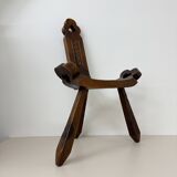 Brutalist hand carved oak Spanish tripod chair , 1970s