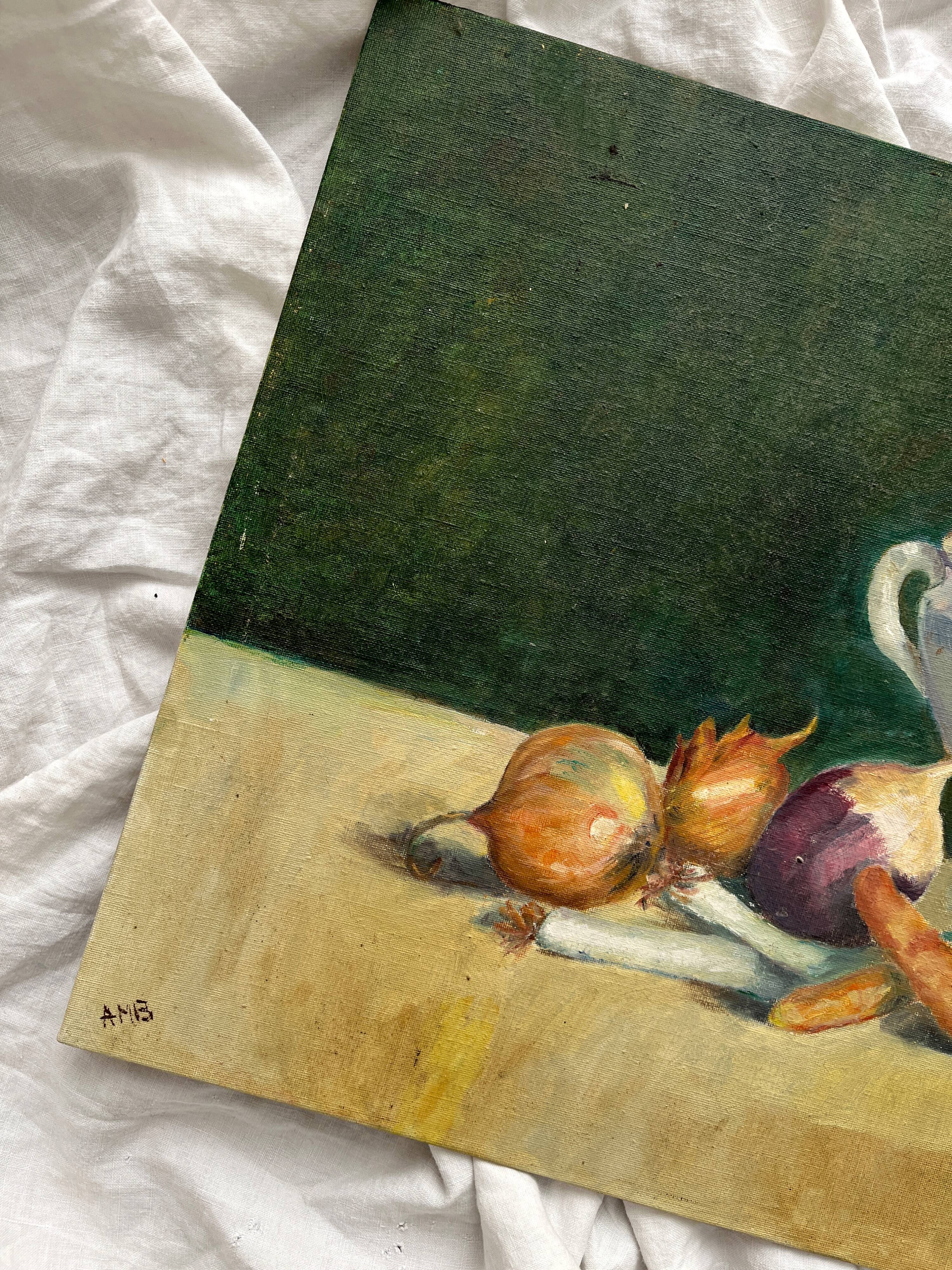 Antique painting on canvas board "La Soupière" signed Anne Marie Beiruet