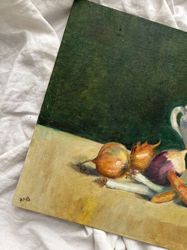 Peinture ancienne sur carton entoilé ''La Soupière'' signée Anne Marie Beiruet