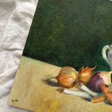 Old painting on canvas board "La Soupière" signed Anne Marie Beiruet