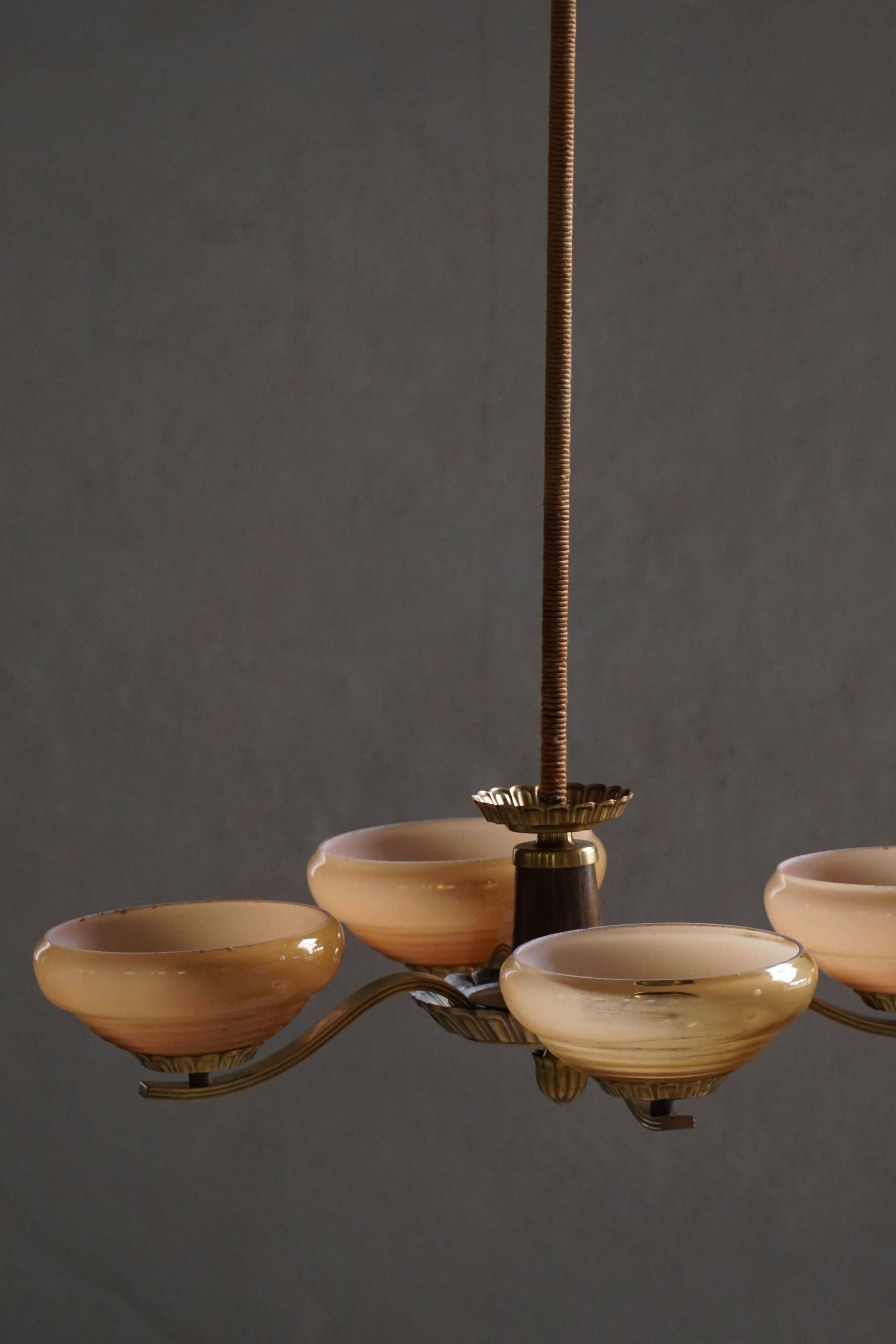 Art Deco chandelier with 4 arms in glass and brass, Sweden, 1940s