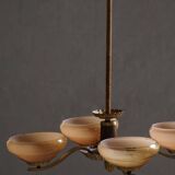 Art Deco chandelier with 4 arms in glass and brass, Sweden, 1940s