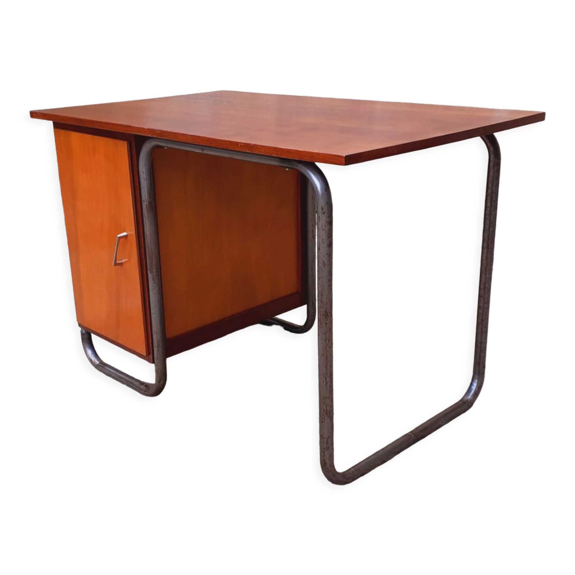 Vintage tubular desk year 50 in solid teak and light wood veneer