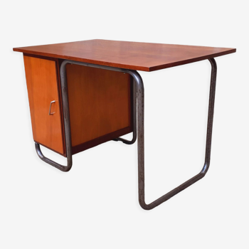 Bureau vintage tubulaire année 50 en teck massif et placage de bois clair