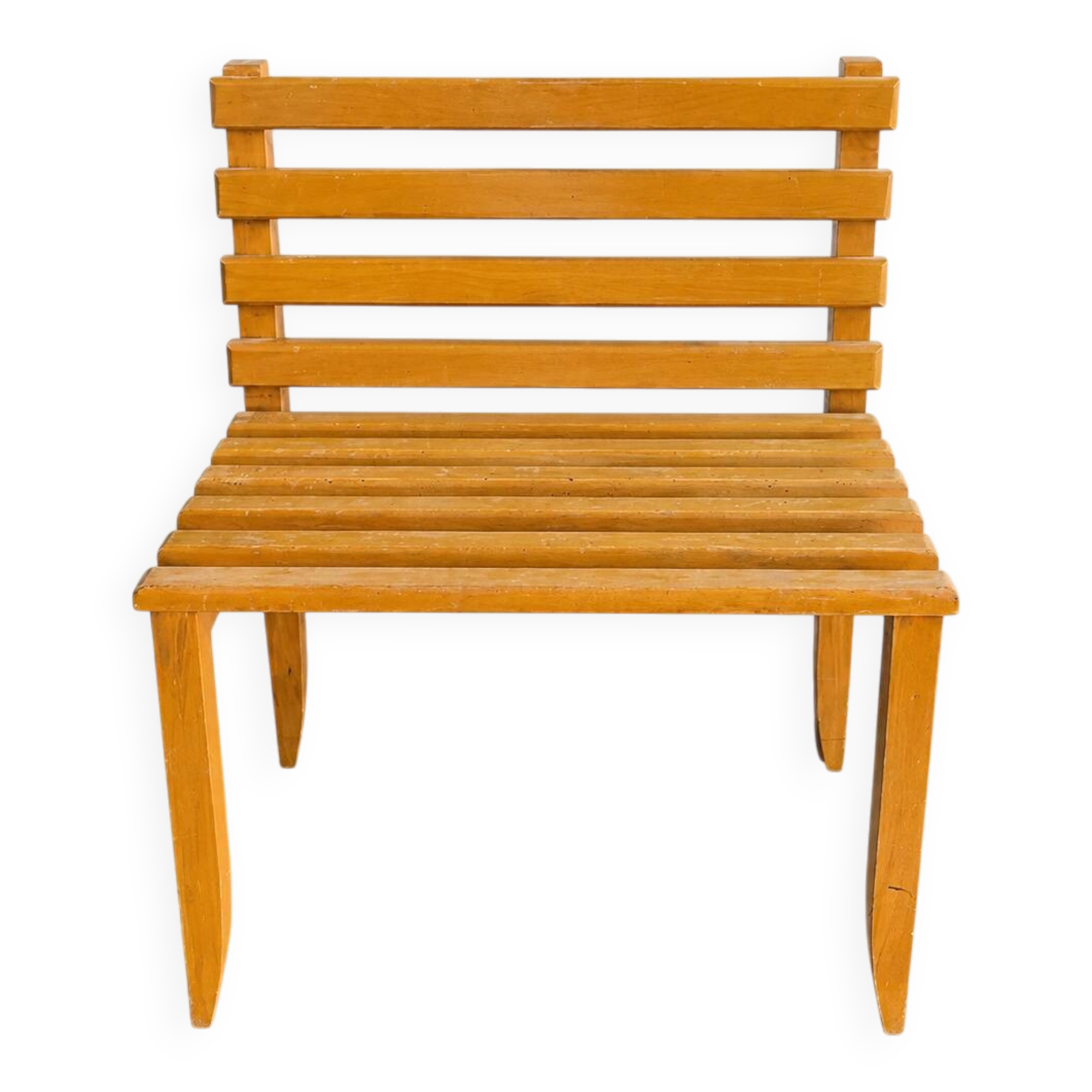 Fauteuil bas vintage en bois à lattes – design moderniste