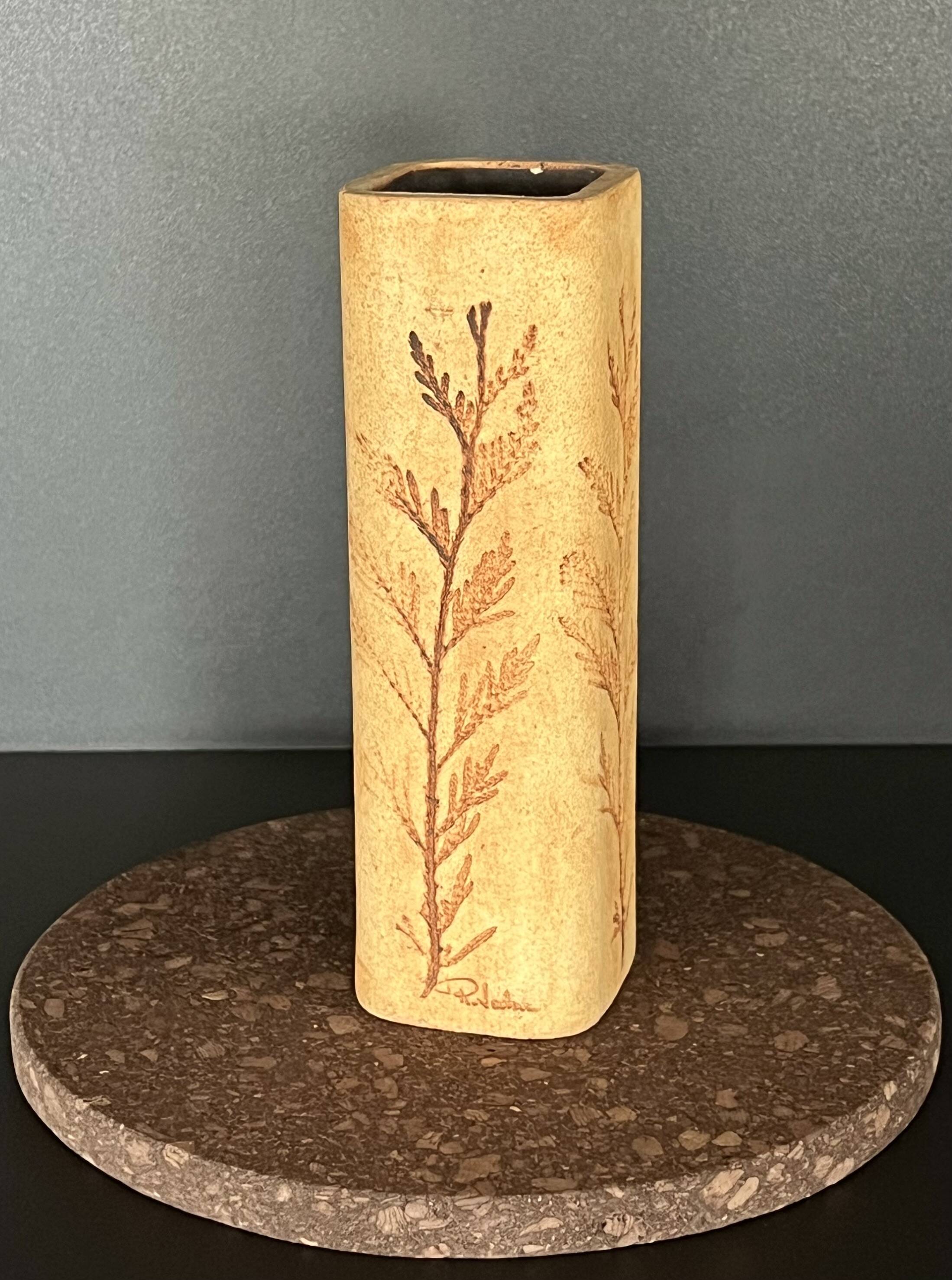 Stoneware vase with herbarium decoration by Raymonde Leduc, Vallauris, 1960s