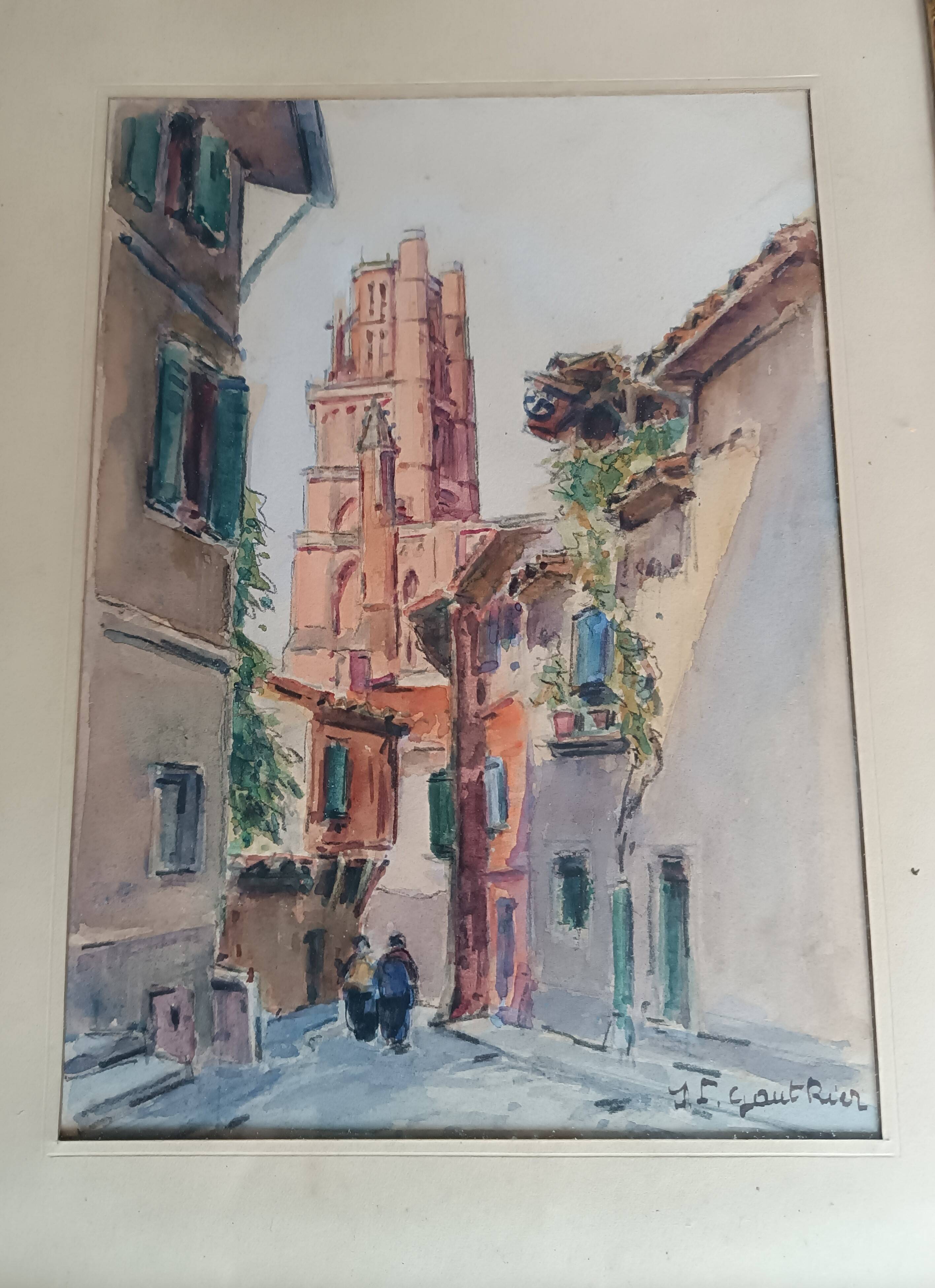 Signed watercolor painting View of Albi Cathedral