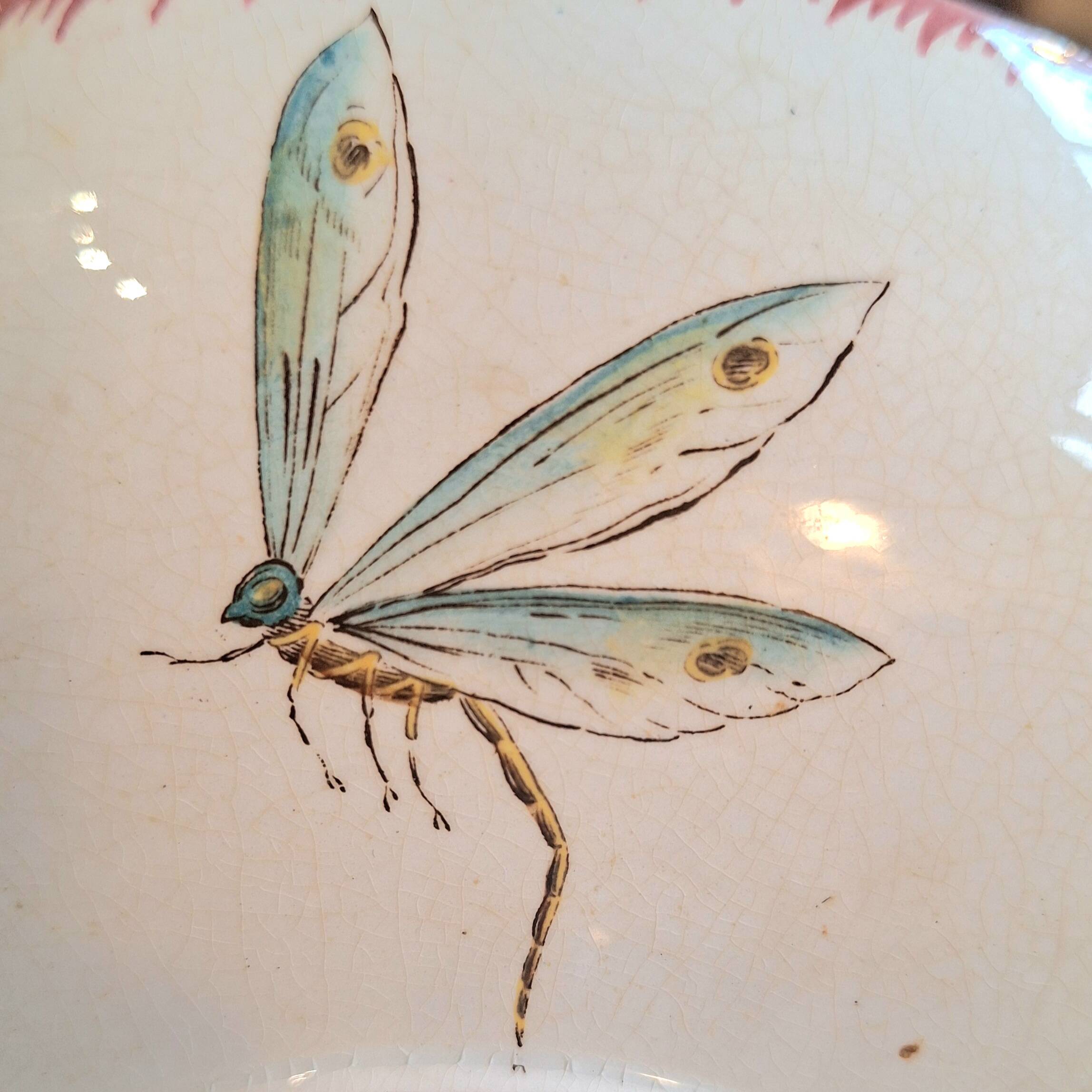 Compote dish/round bowl on foot Sarreguemines Butterfly decoration