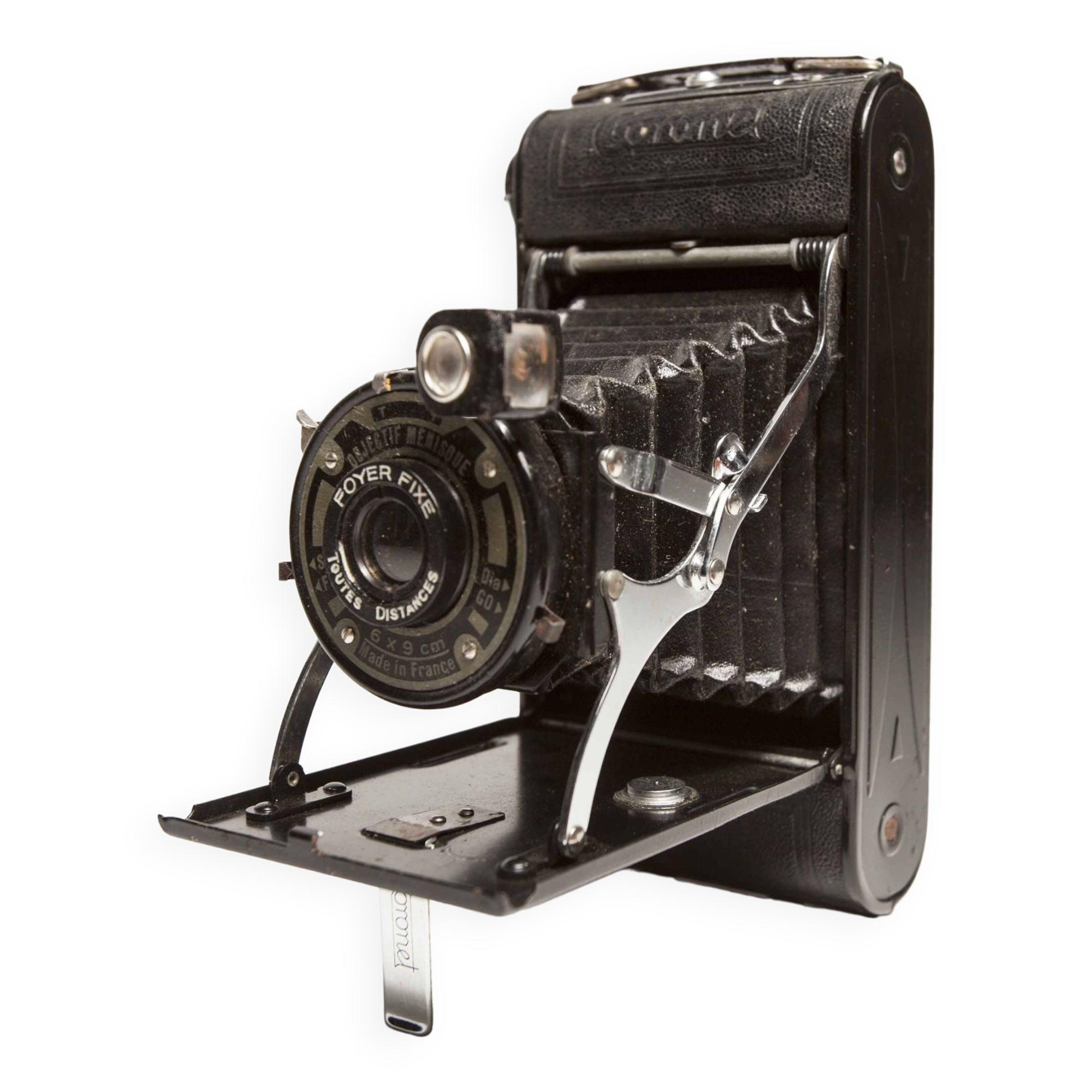 Appareil photo argentique Coronet Folding 6x9 1946 objectif menisque foyer fixe et pochette cuir