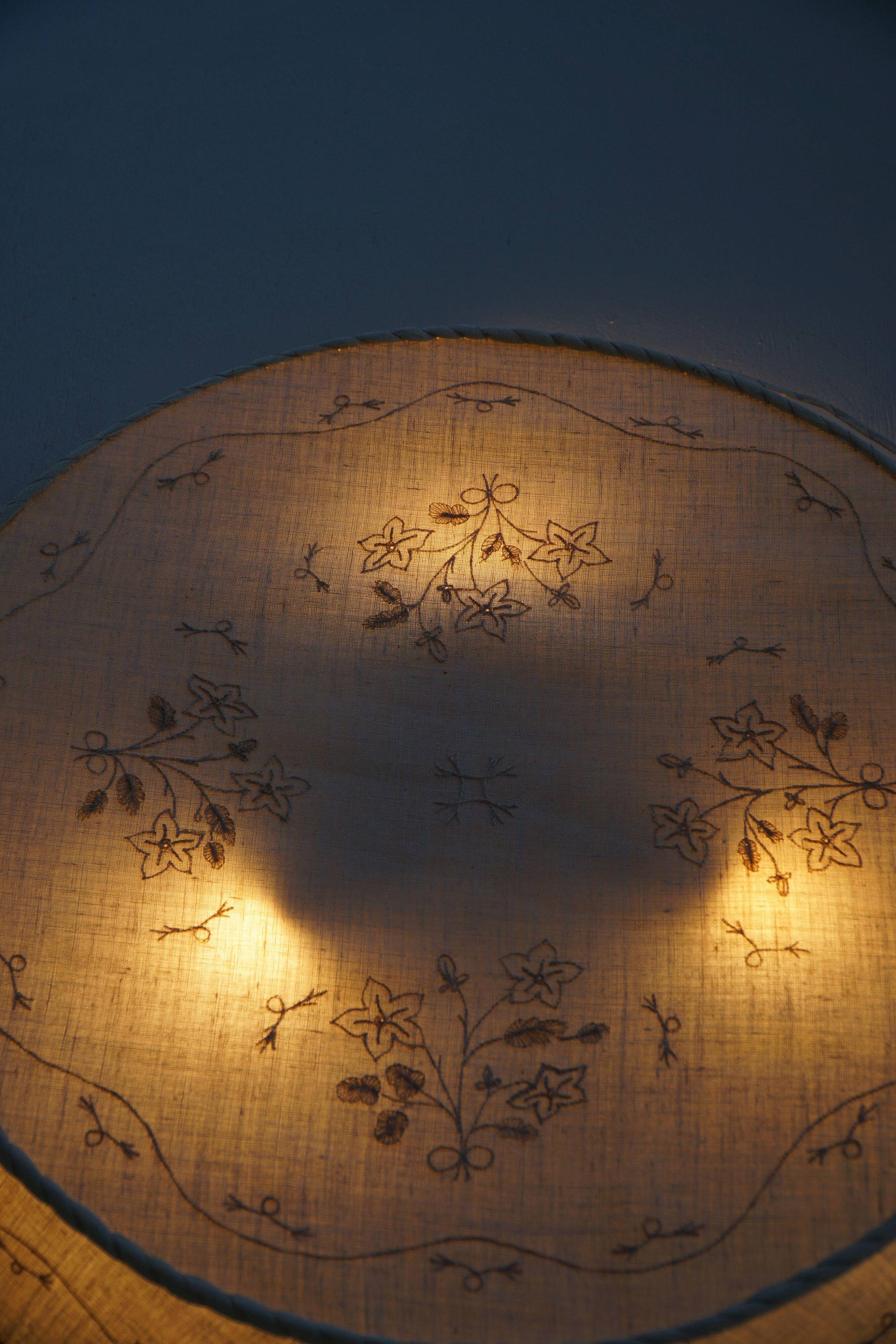 Large Swedish wall/ceiling light from the mid-century in linen and lace, Sweden, 1950s.