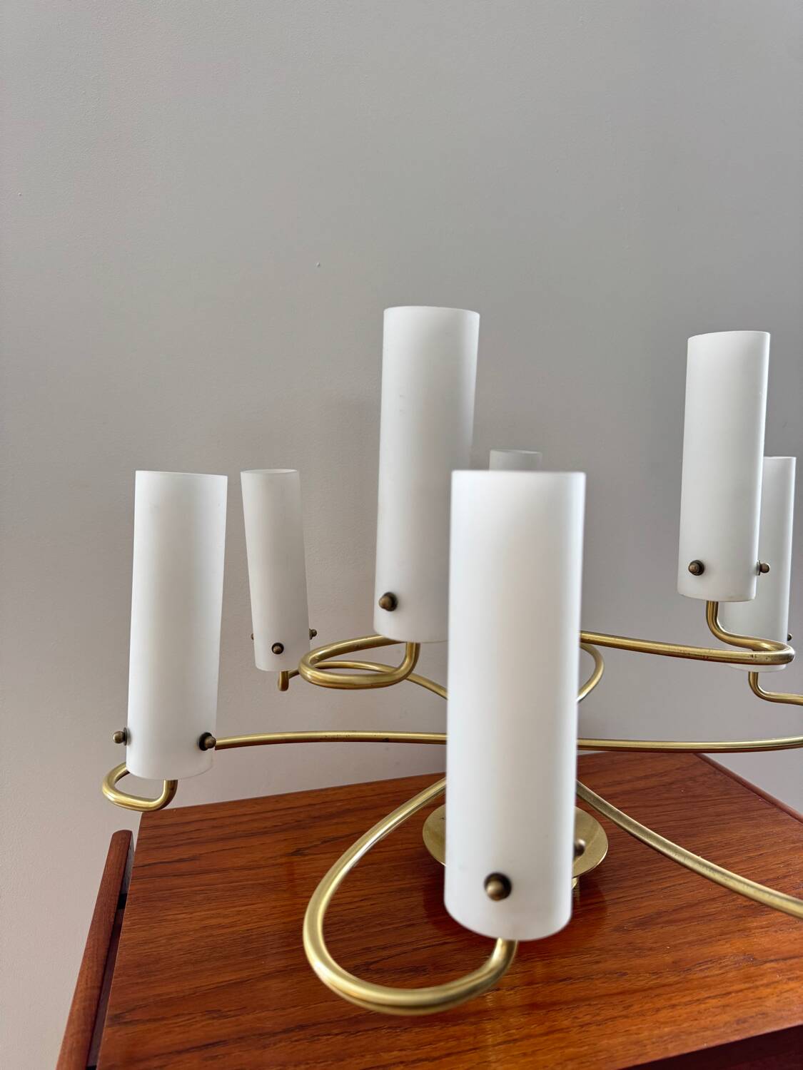 Brass and opaline glass suspension "Hillebrand" 1960