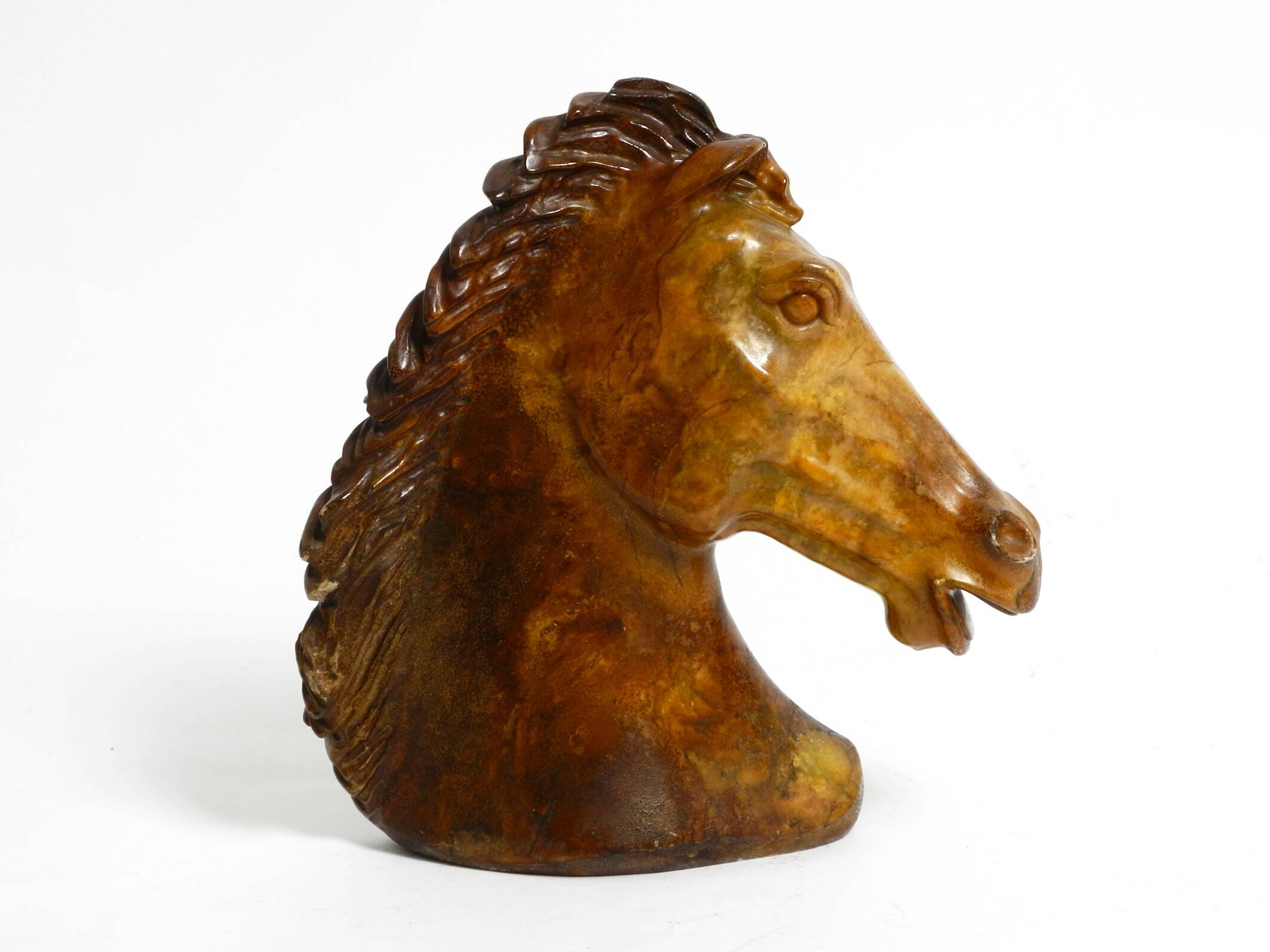 Decorative heavy lifelike 1960's horse head sculpture in brown soapstone