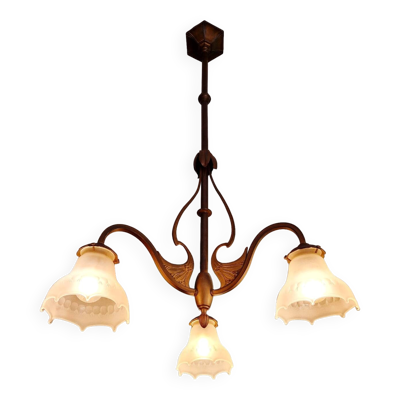 Lustre Art Nouveau en laiton et verre dépoli, début XXe siècle