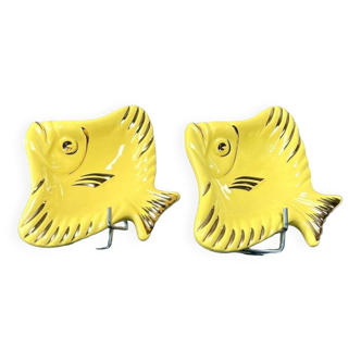 Soap holder - pair - yellow earthenware - vintage fish bathroom accessory