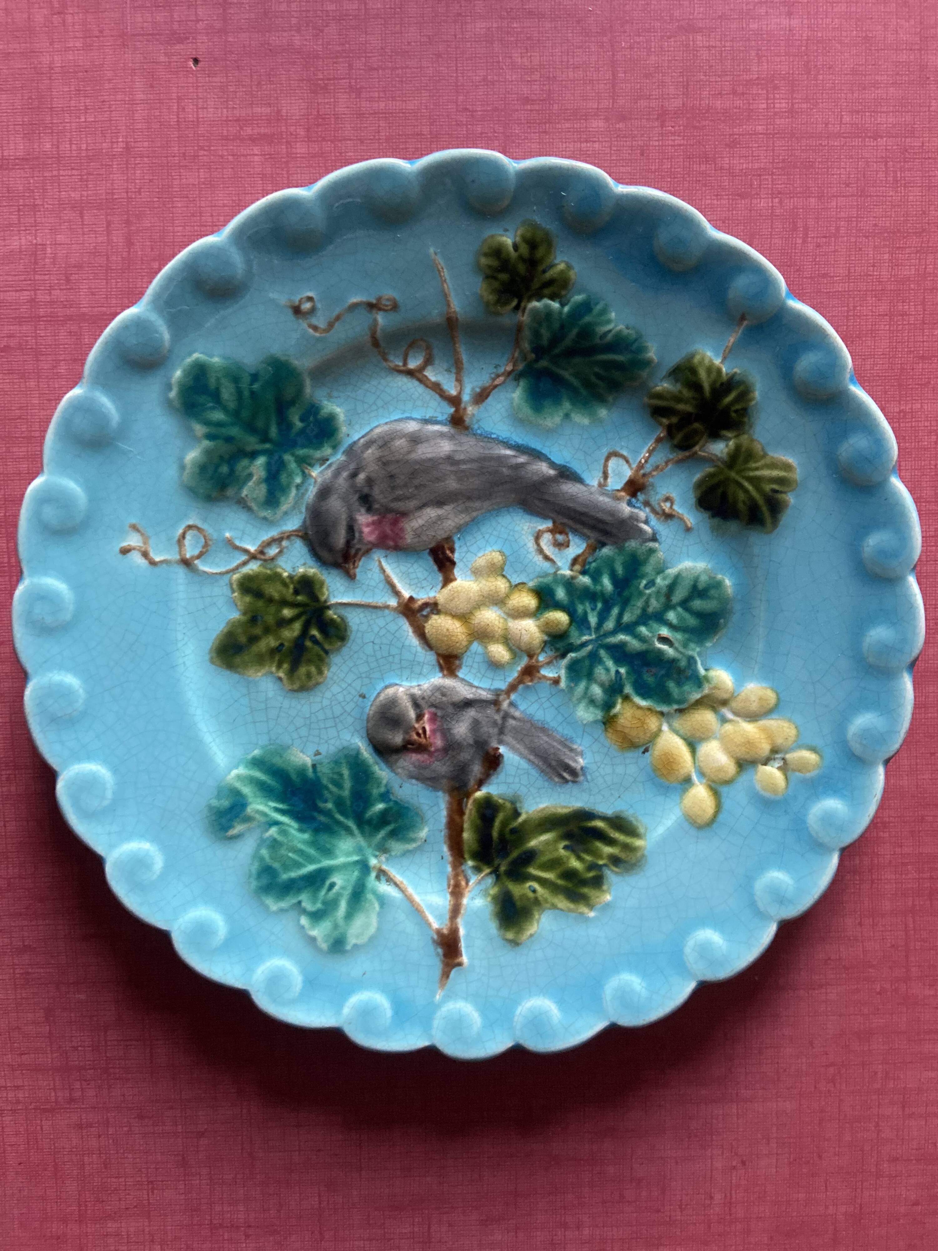 Set of 6 Barbotine Plates Sarreguemines Turquoise - Birds & Fruit