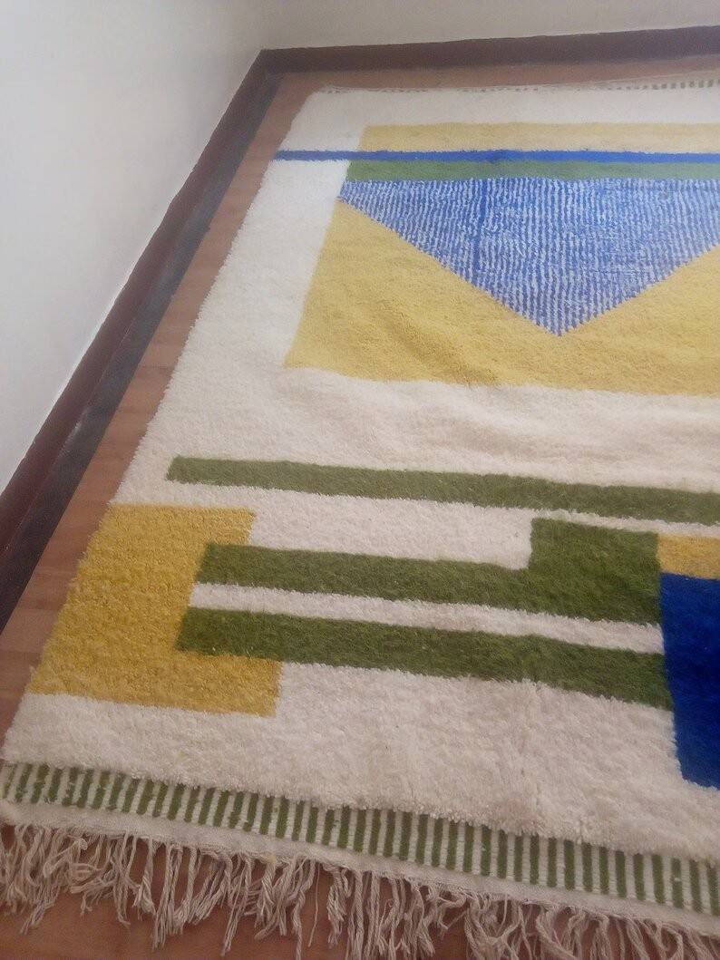 Tapis berbère tissé - motif bleu et jaune - tapis marocain fait main - 300x210 cm
