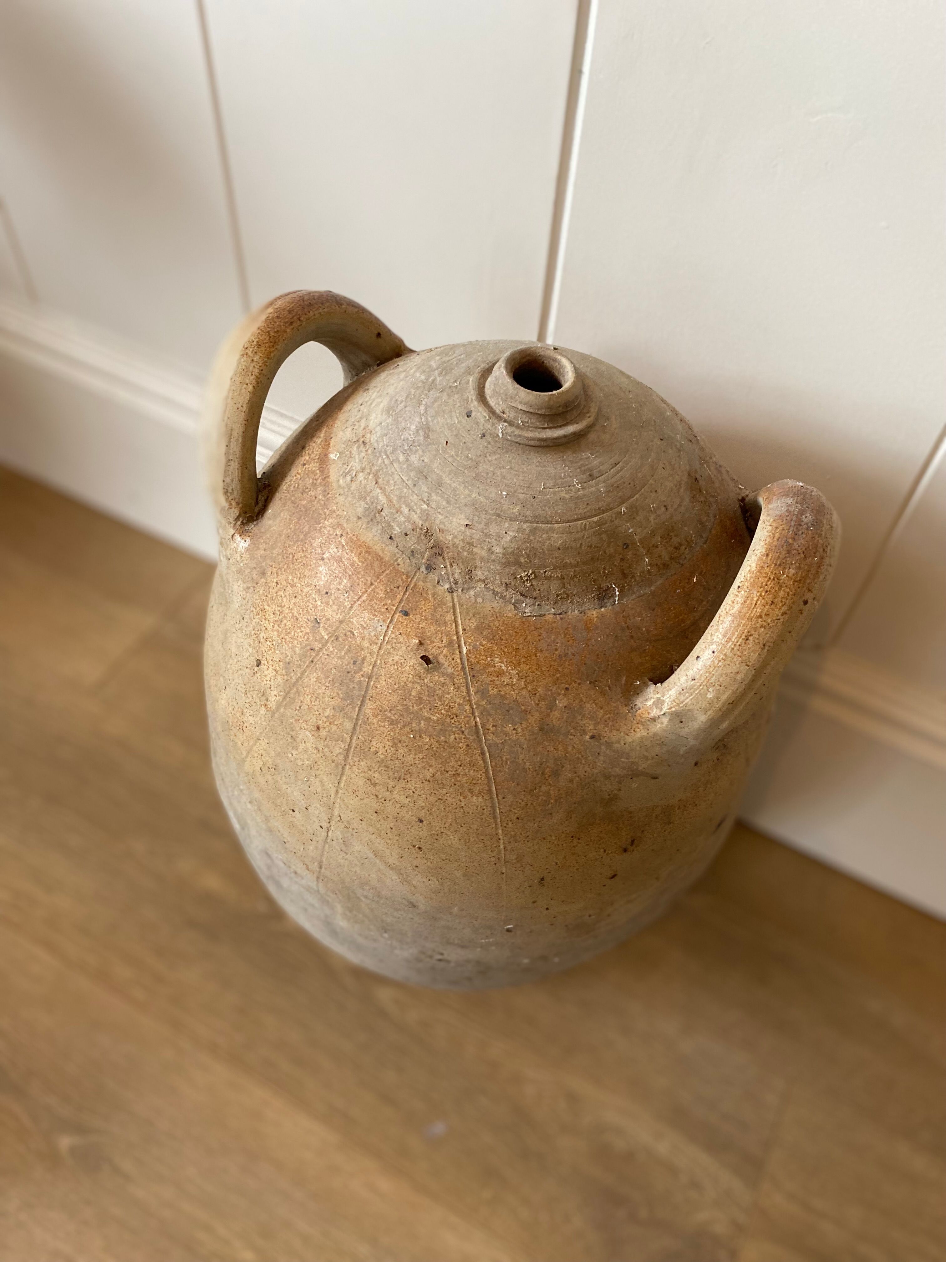 Antique french country rustic walnut oil storage jar