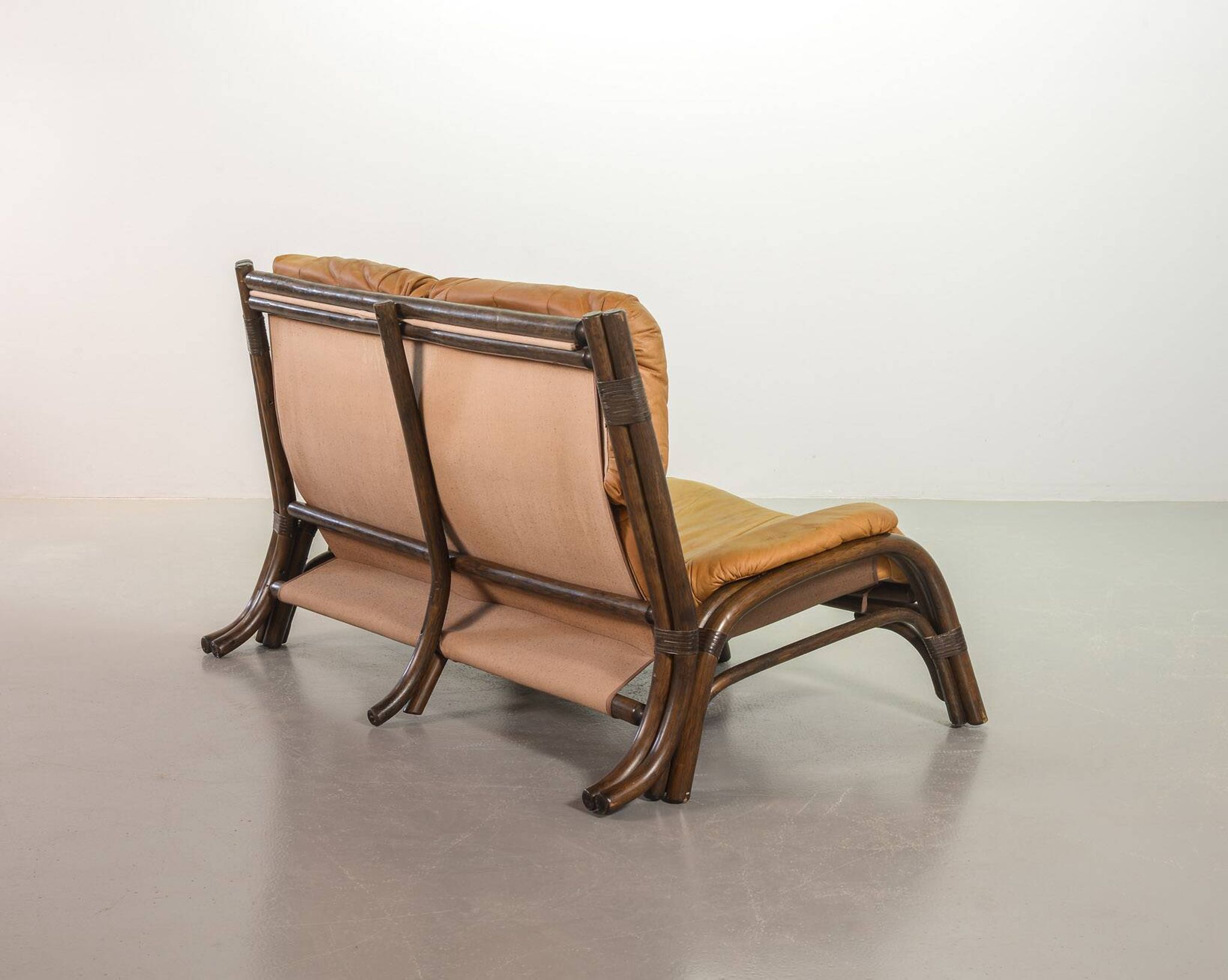 Brutalist Bentwood Love Seat Bamboo Sofa w. Caramel Leather Upholstery, 60s