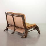Brutalist Bentwood Love Seat Bamboo Sofa w. Caramel Leather Upholstery, 60s