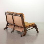 Brutalist Bentwood Love Seat Bamboo Sofa w. Caramel Leather Upholstery, 60s