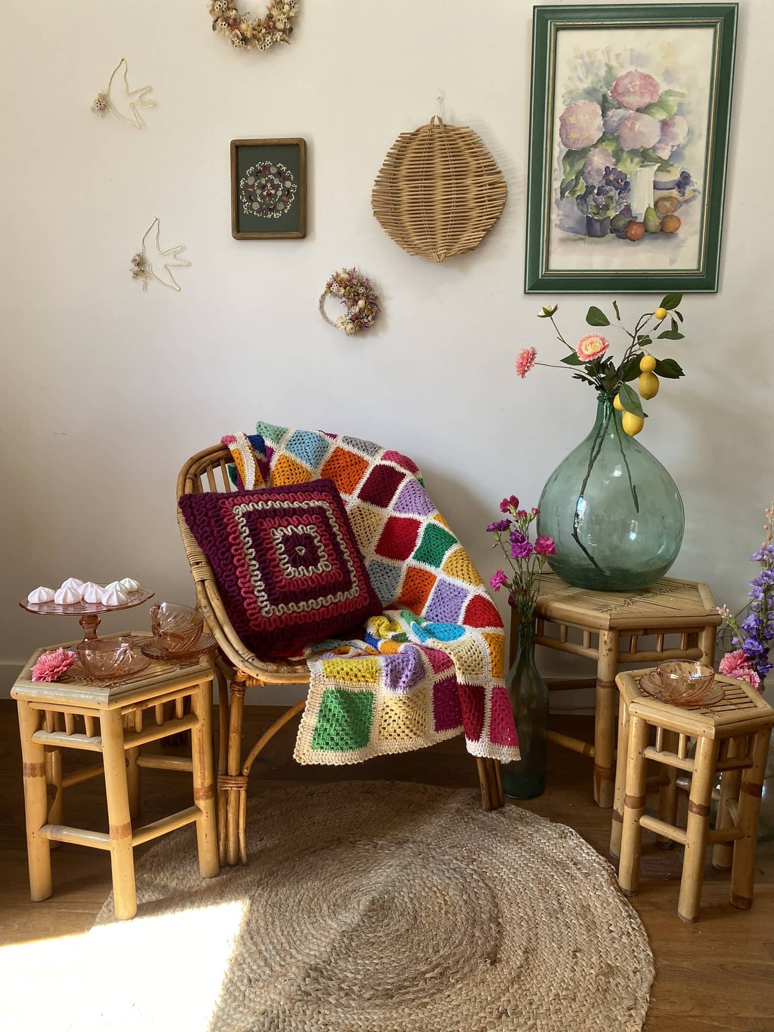 Set of three vintage rattan side tables.
