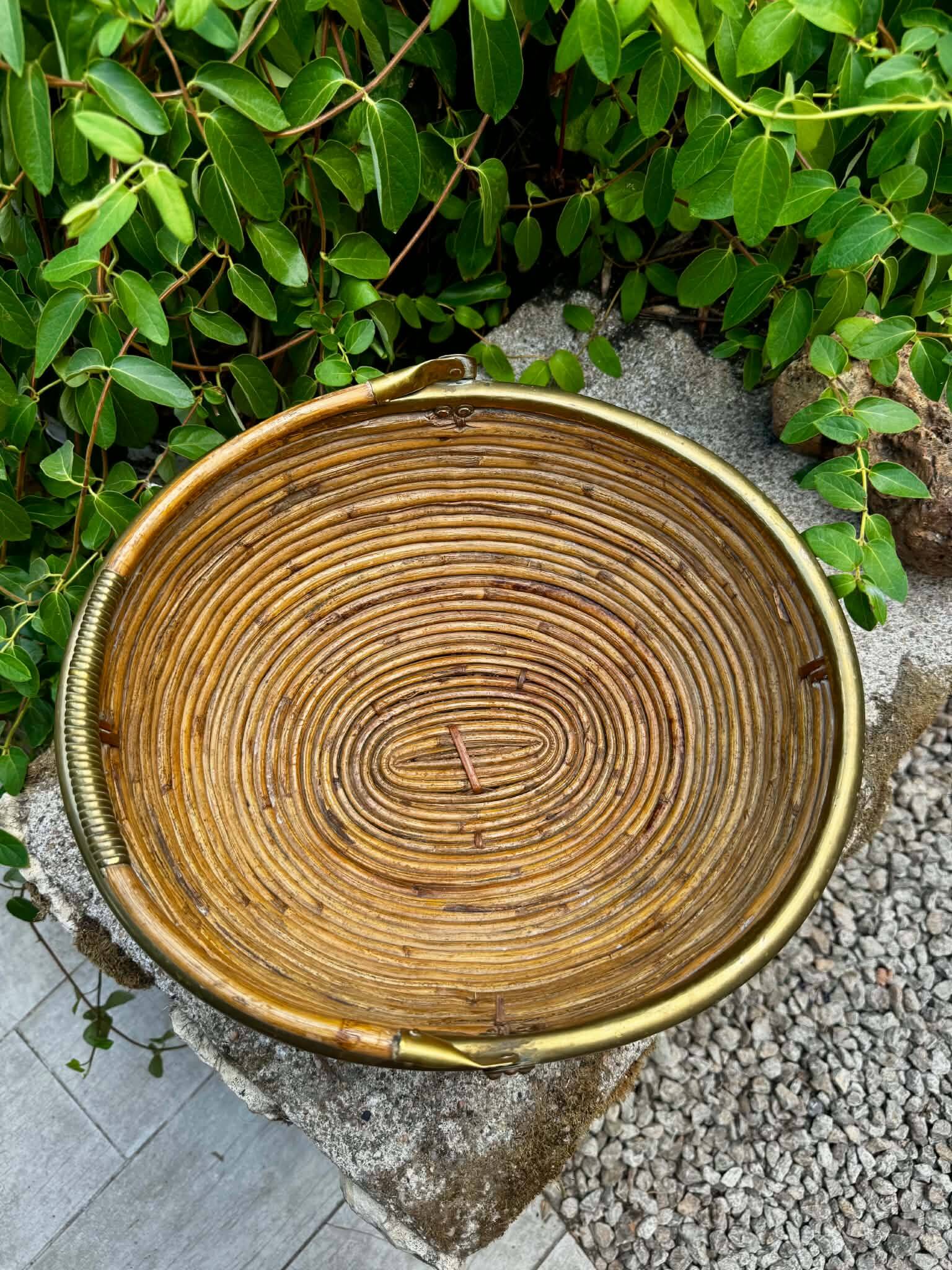 Large rattan basket brass Gabriella Crespi 1960s