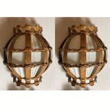 Set of 2 Danish large wood veneer and fabric wall sconces, 1970s