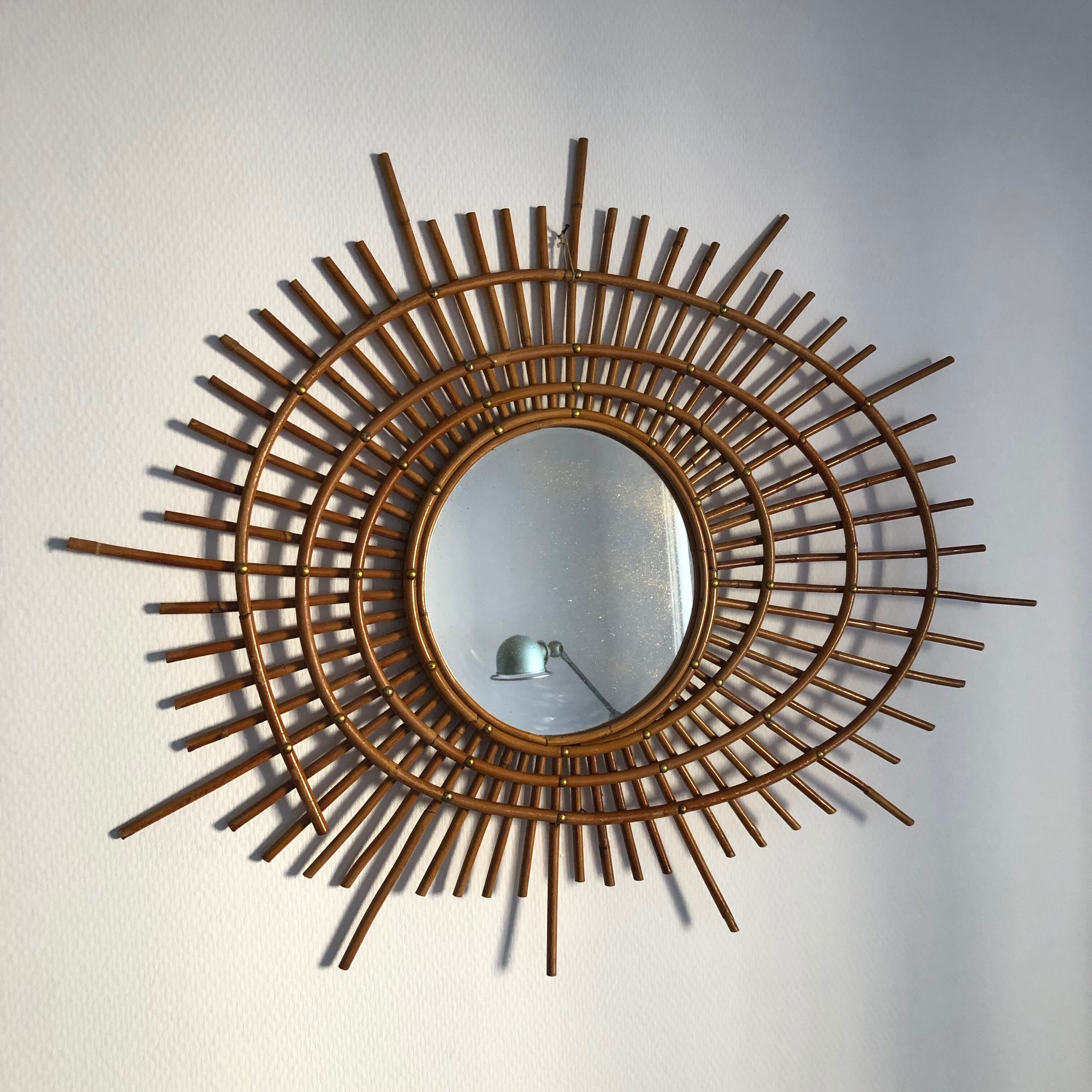 Rattan sun mirror gold plated 84x65cm vintage 1960
