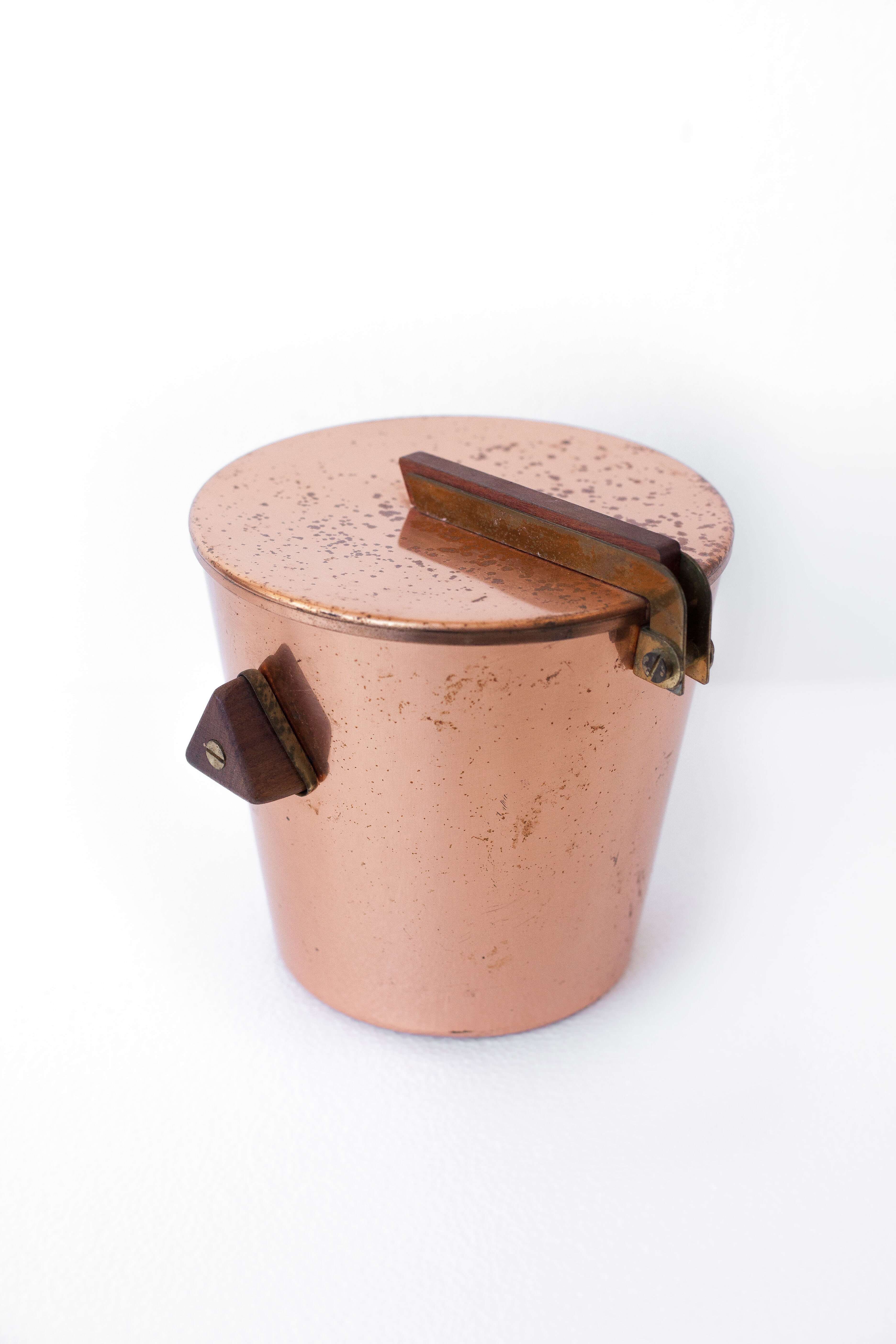 vintage ice bucket, copper ice bucket, wood handles, cooler, cooler