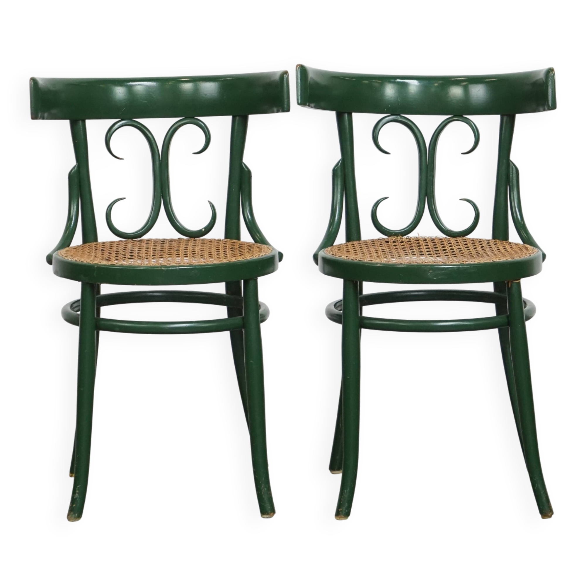 Set of 2 Green Vintage Bistro Chairs with Woven Reed Seats