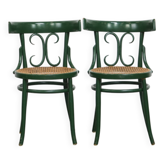 Set of 2 Green Vintage Bistro Chairs with Woven Reed Seats