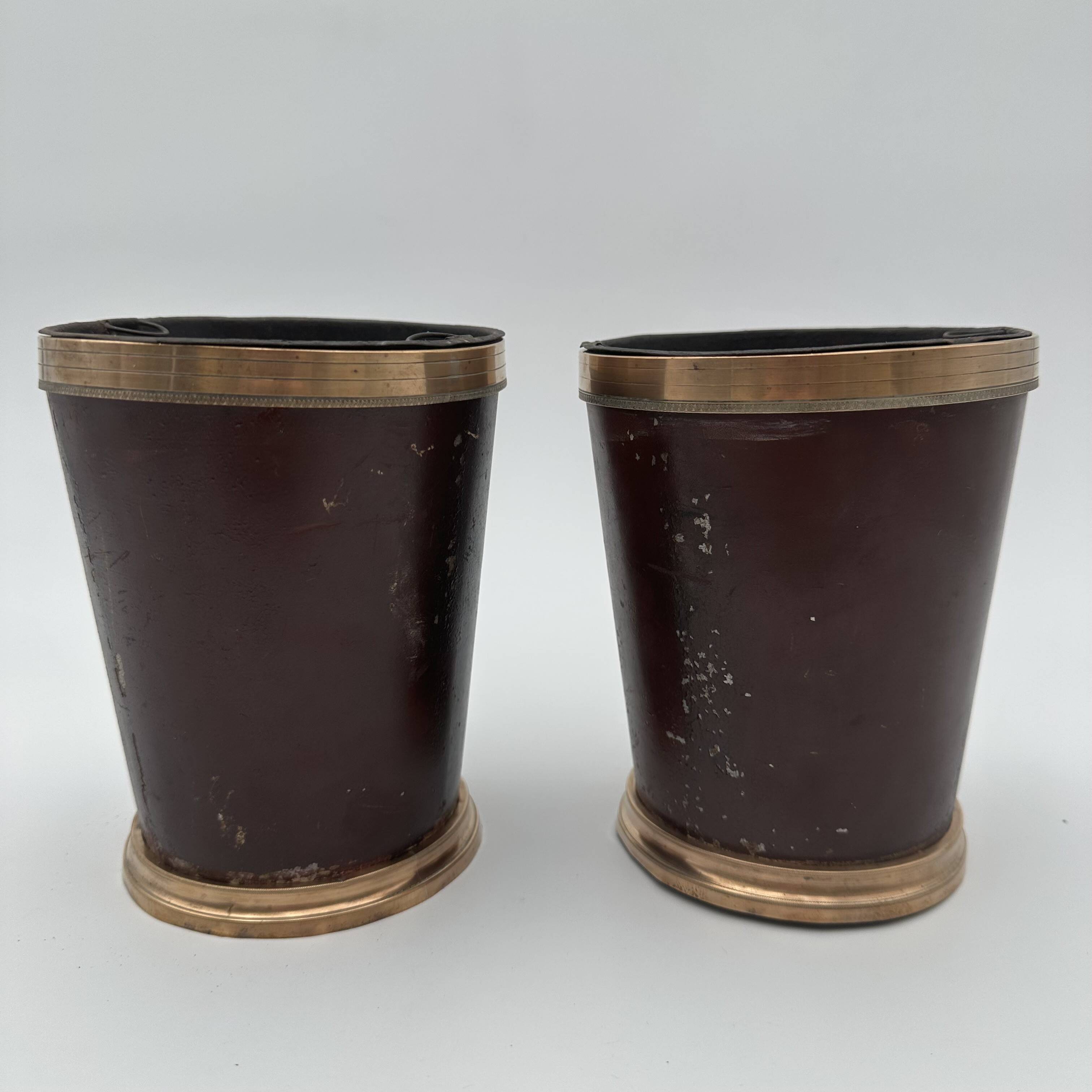 Pair of Painted Tin and Brass Planters, Decorated with Bucolic Landscapes,