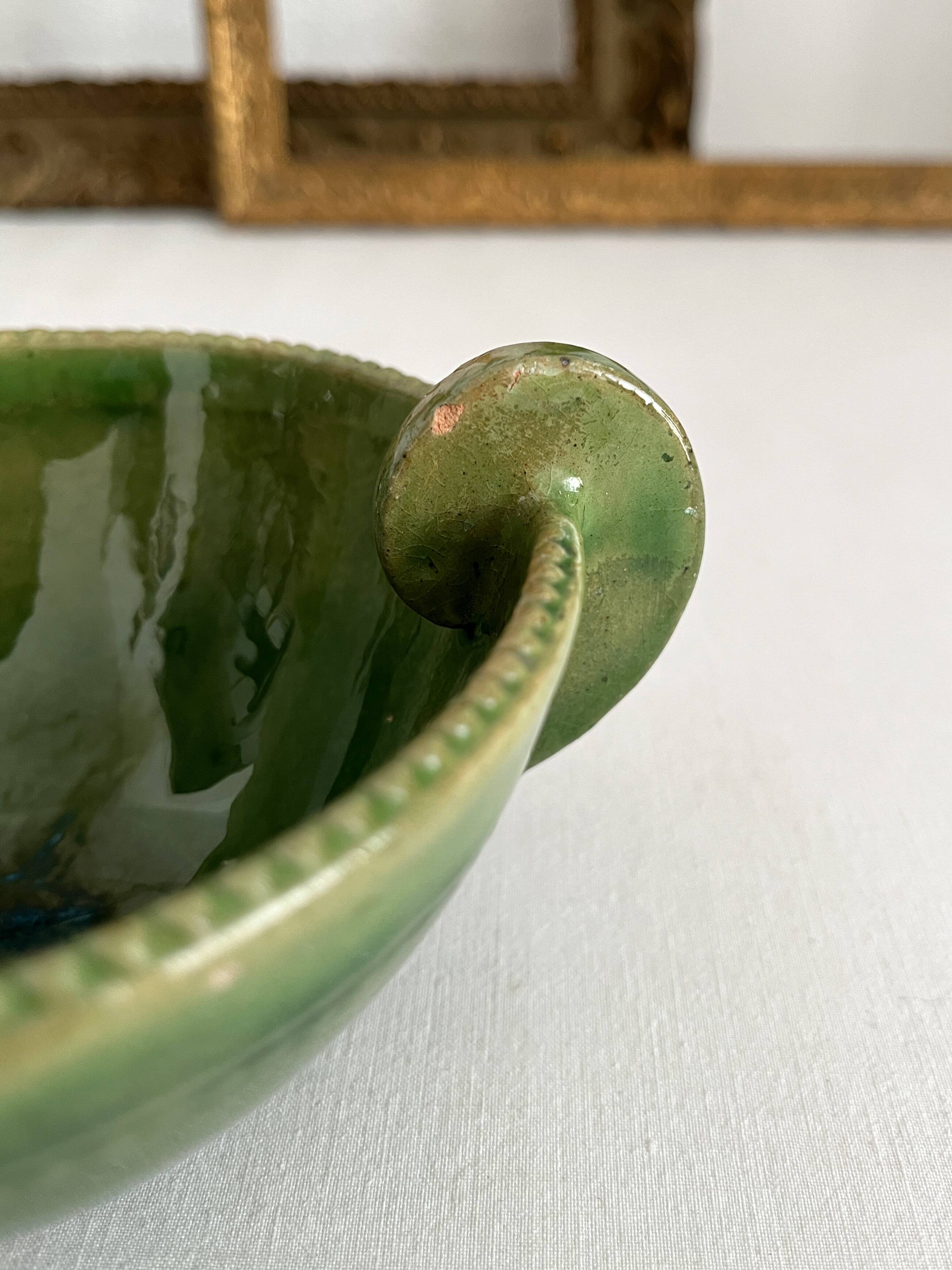 Antique green glazed ceramic bowl with handles, Tamegroute type