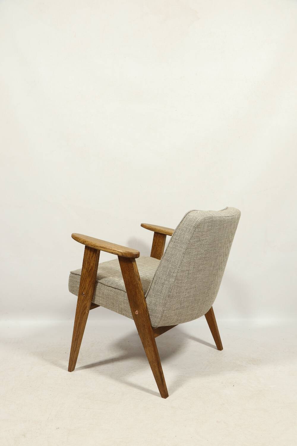 Vintage armchair in natural rustic oak wood herringbone fabric modern design by Chierovsky
