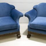 Pair of 19th Century Neo Renaissance Oak and Blue Velvet Italian Armchairs