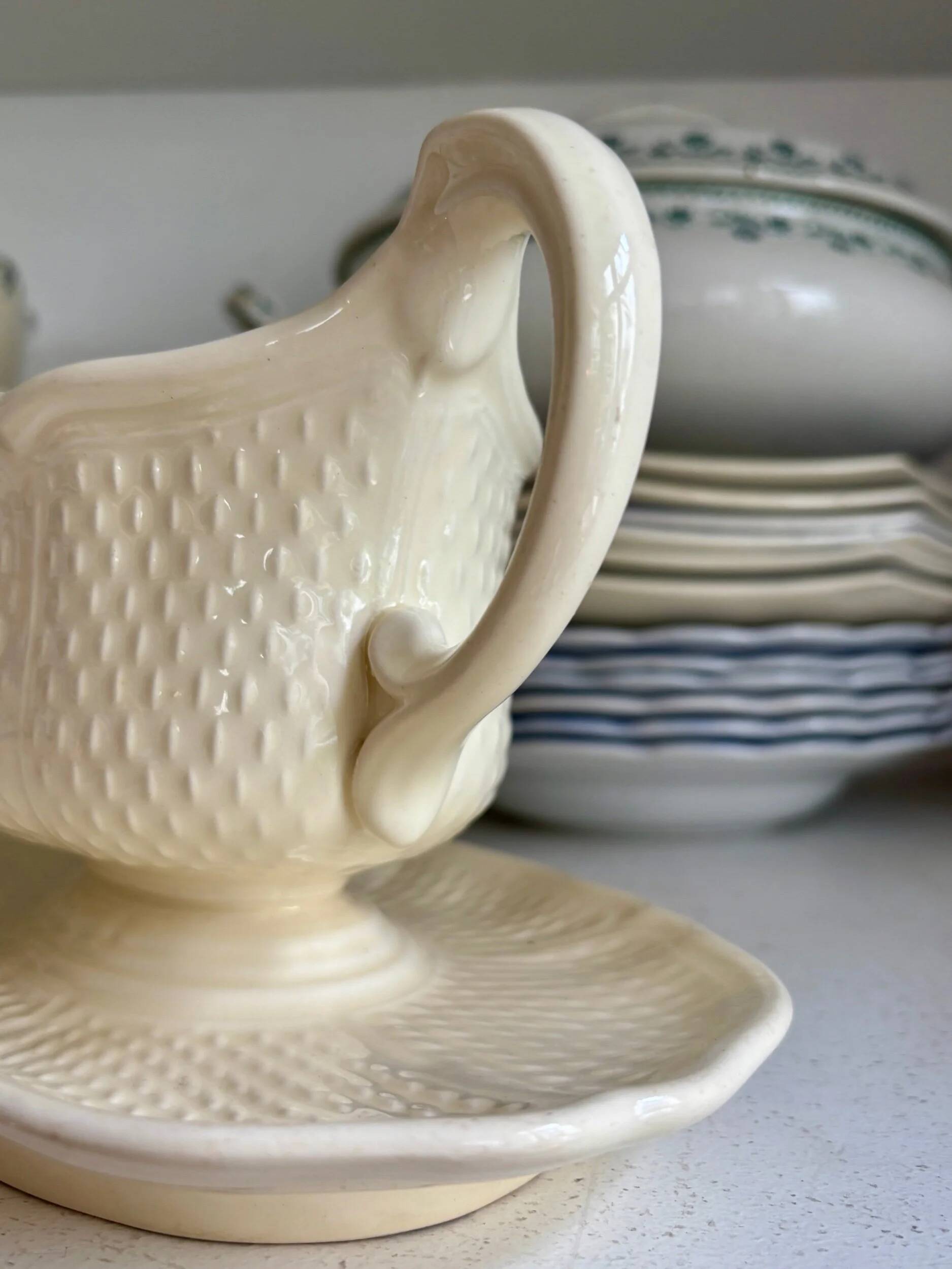 Gien earthenware sauceboat, "Pont aux choux" service